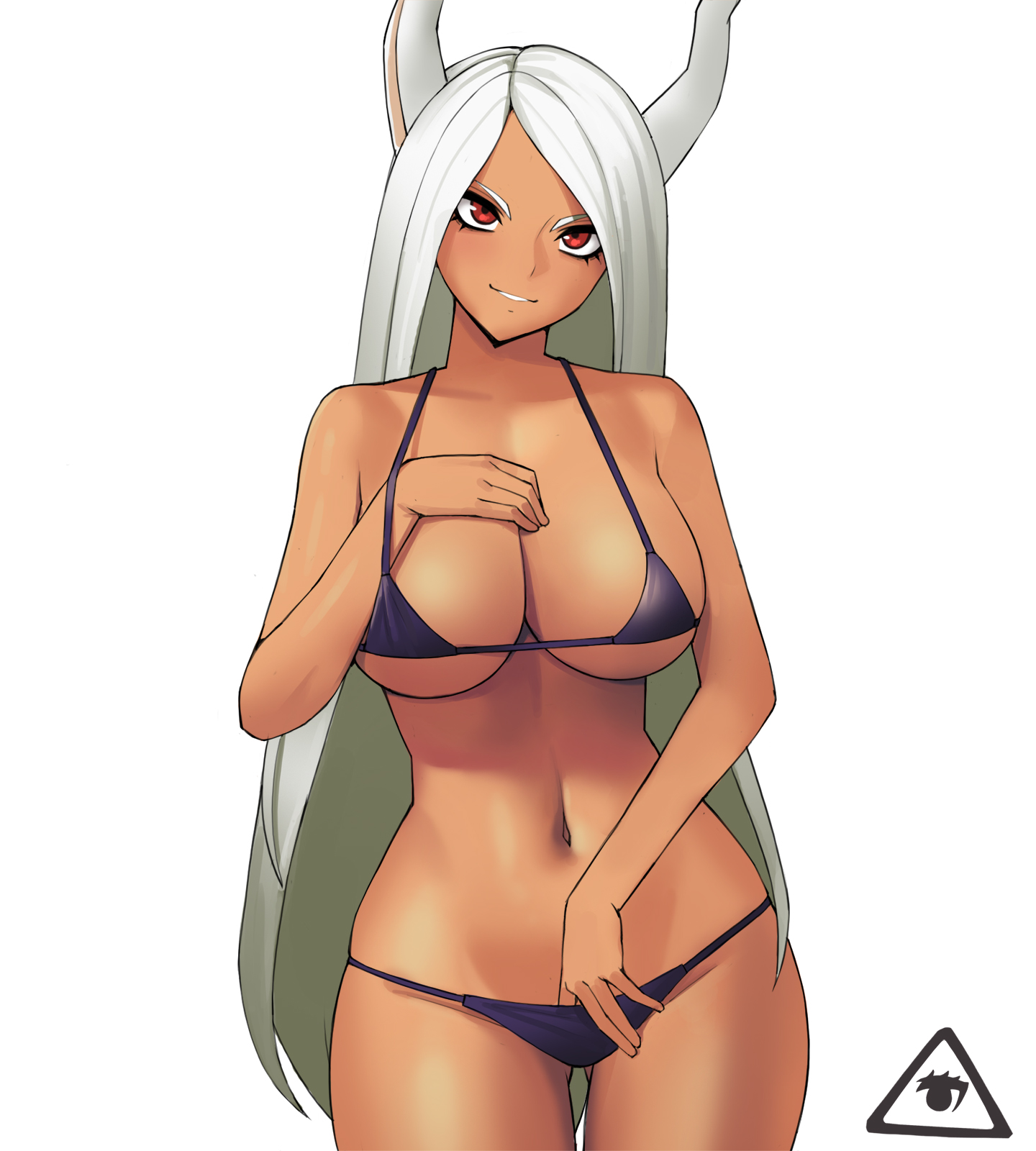 1girls, big breasts, bikini, breasts, bunny ears, dark skin, dark-skinned female, donburikazoku, female, female focus, female only, long hair, looking at viewer, miruko, my hero academia, red eyes, rumi usagiyama, solo, solo female, solo focus, white hair, white-haired female