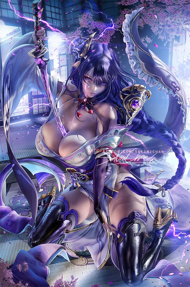 1girls, 2021, artist signature, breasts, exposed shoulders, female, female focus, female only, genshin impact, hips, holding object, huge breasts, long hair, purple clothing, purple eyes, purple hair, raiden shogun, realistic, sakimichan, slim waist, sword, thick thighs, thigh boots, thighs, very long hair, watermark, weapon, wide hips