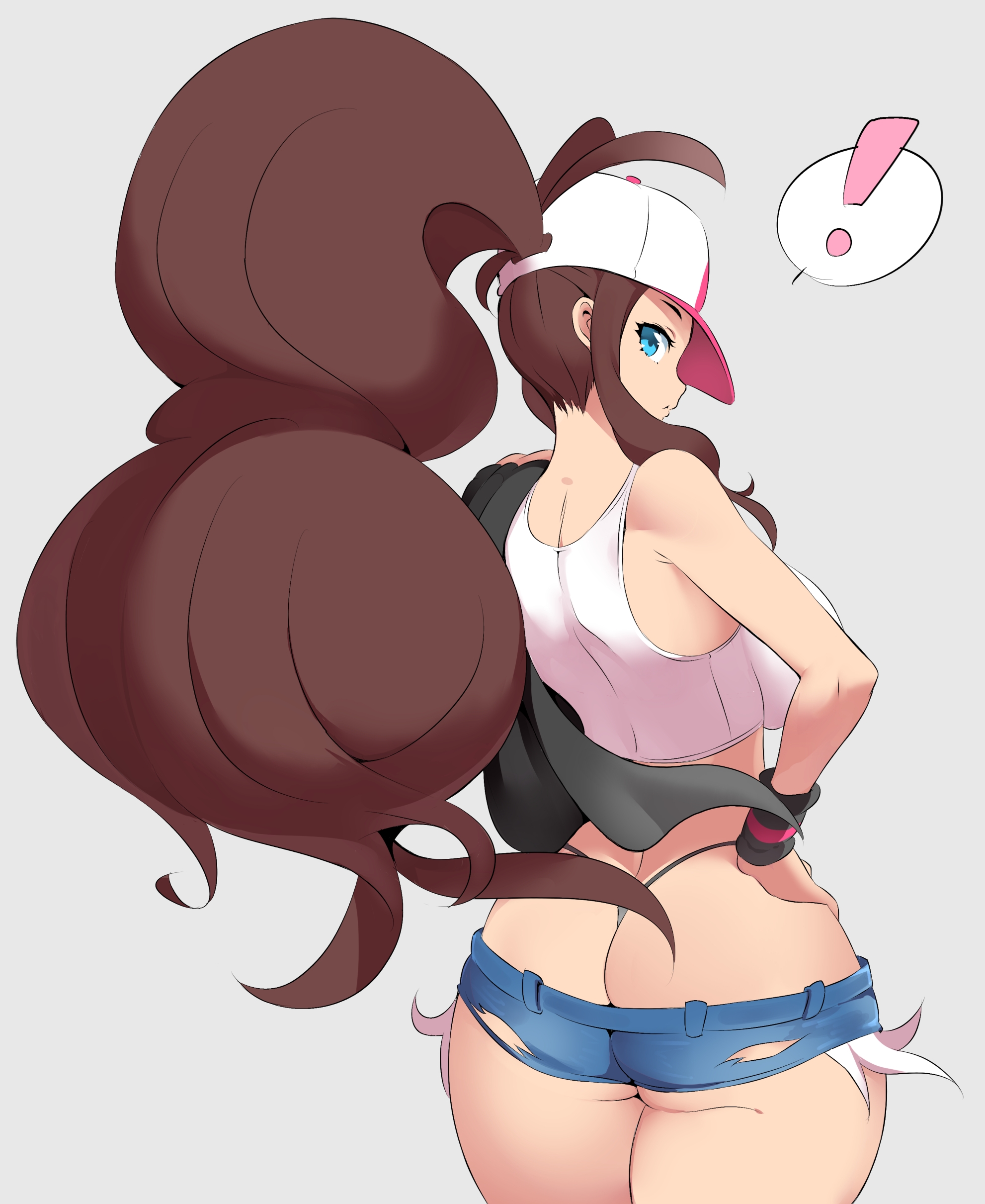 !, 1girls, ass, ass cleavage, ass crack, ass hanging out of shorts, bare shoulders, baseball cap, blue eyes, breasts, brown hair, butt crack, clavicle, cleavage, denim, denim shorts, female, female protagonist, from behind, hands on hips, hat, high resolution, hilda (pokemon), large breasts, long hair, looking at viewer, looking back, micro shorts, nac000, nintendo, pokemon, pokemon bw, ponytail, shirt, shorts, solo, tank top, thick thighs, thighs, thong, tied hair, torn clothes, very high resolution, very long hair, whale tail, white background, white shirt