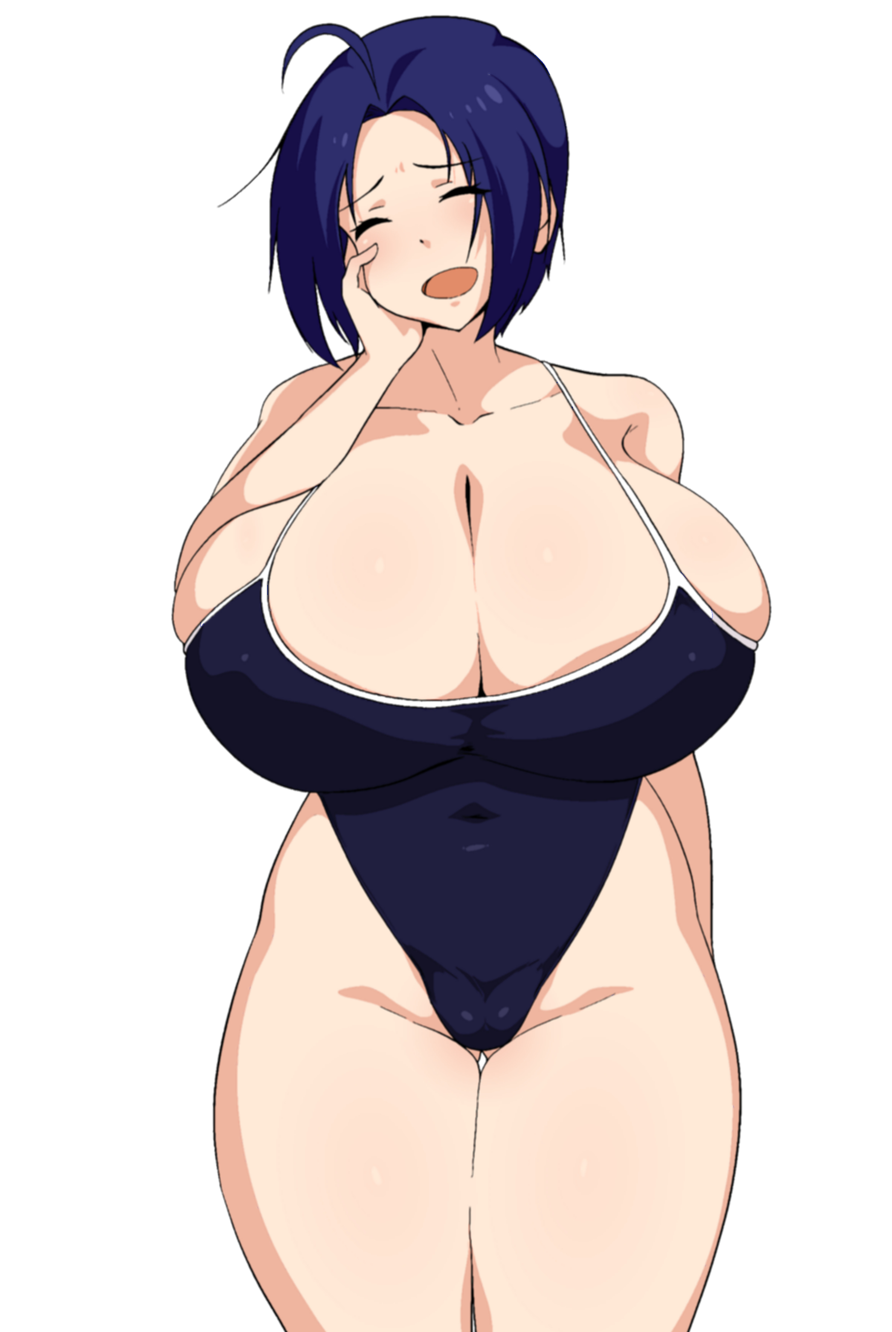 1girls, ass visible through thighs, blue hair, breasts, cameltoe, cleavage, closed eyes, female, hand on face, huge breasts, idolmaster, kumako (kumakonoh), miura azusa, nipple bulge, pussy, short hair, solo, swimsuit, white background