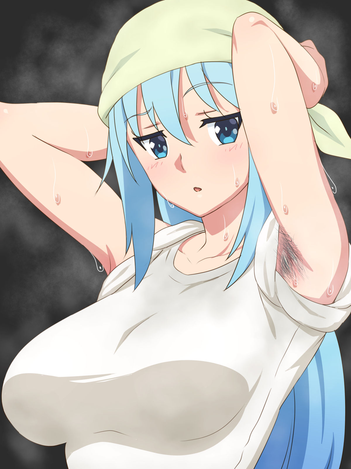 1girls, aqua (konosuba), armpit hair, armpits, arms above head, arms behind head, bandana, blue eyes, blush, breasts, female, female focus, female only, kono subarashii sekai ni shukufuku wo!, light blue hair, long hair, looking at viewer, looking to the side, solo, sweat, sweat stain, tedain, upper body