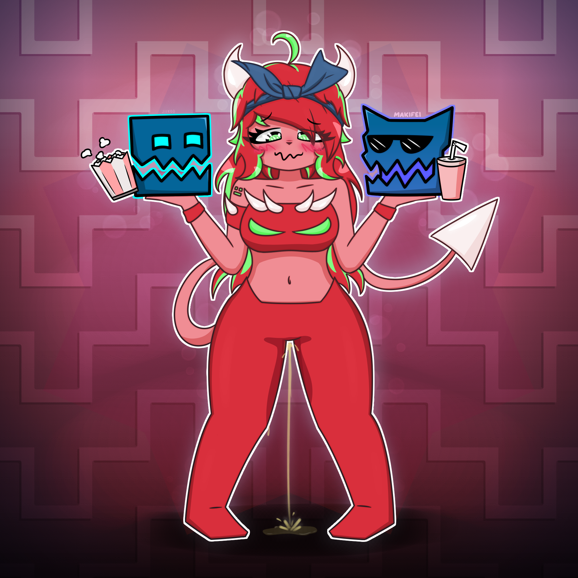 1:1, 1girls, 2020, anthro, belly, blush, blushing, bra, clothed, clothing, demon, demon girl, demoness (geometry dash), drink, female, geometry dash, green eyes, green hair, hi res, holding object, horns, long hair, looking down, makifei, multicolored hair, pants, peeing, peeing pants, peeing self, peeing through clothing, popcorn, red hair, ribbon, simple background, standing, tail, urine, watersports, wetting, wristband