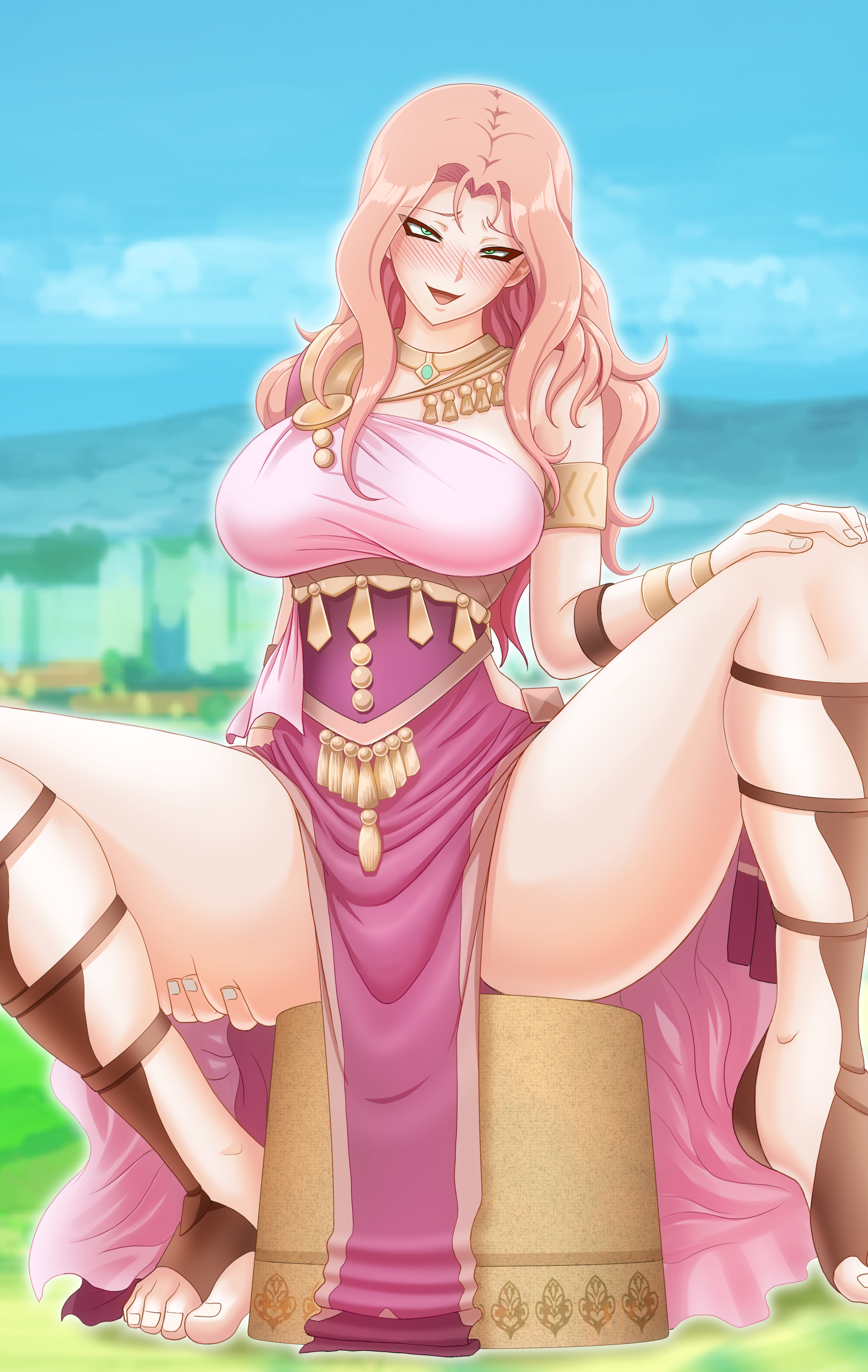 arabian clothes, bare legs, big breasts, breasts, camwooo, clothed female, cornelia arnim, dancer, dancer outfit, female, female focus, female only, fire emblem, fire emblem: three houses, gladiator sandals, harem outfit, large breasts, long hair, looking at viewer, naughty face, nintendo, nipples, nipples visible through clothing, smile, solo, solo female, solo focus, thick thighs, thighs