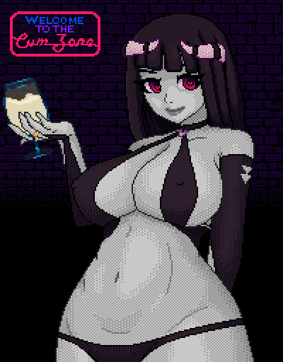 bikini black_hair breasts chalice cum cum_chalice cumzone heart horns meme phalia pixel_art red_eyes