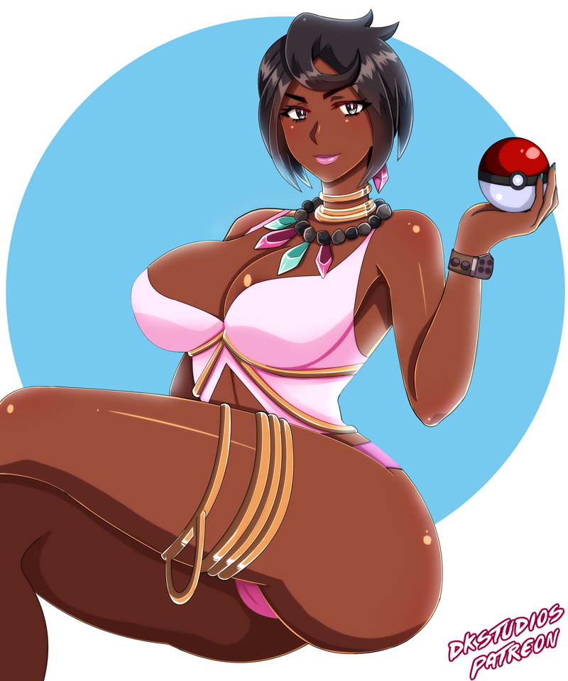 1girls, artist name, ass, big ass, big breasts, black hair, breasts, dark skin, dark-skinned female, dkstudios05, eye contact, female, large ass, large breasts, lipstick, looking at viewer, nintendo, olivia (pokemon), pokeball, pokemon, pokemon sm, thick ass, thick thighs, thighs