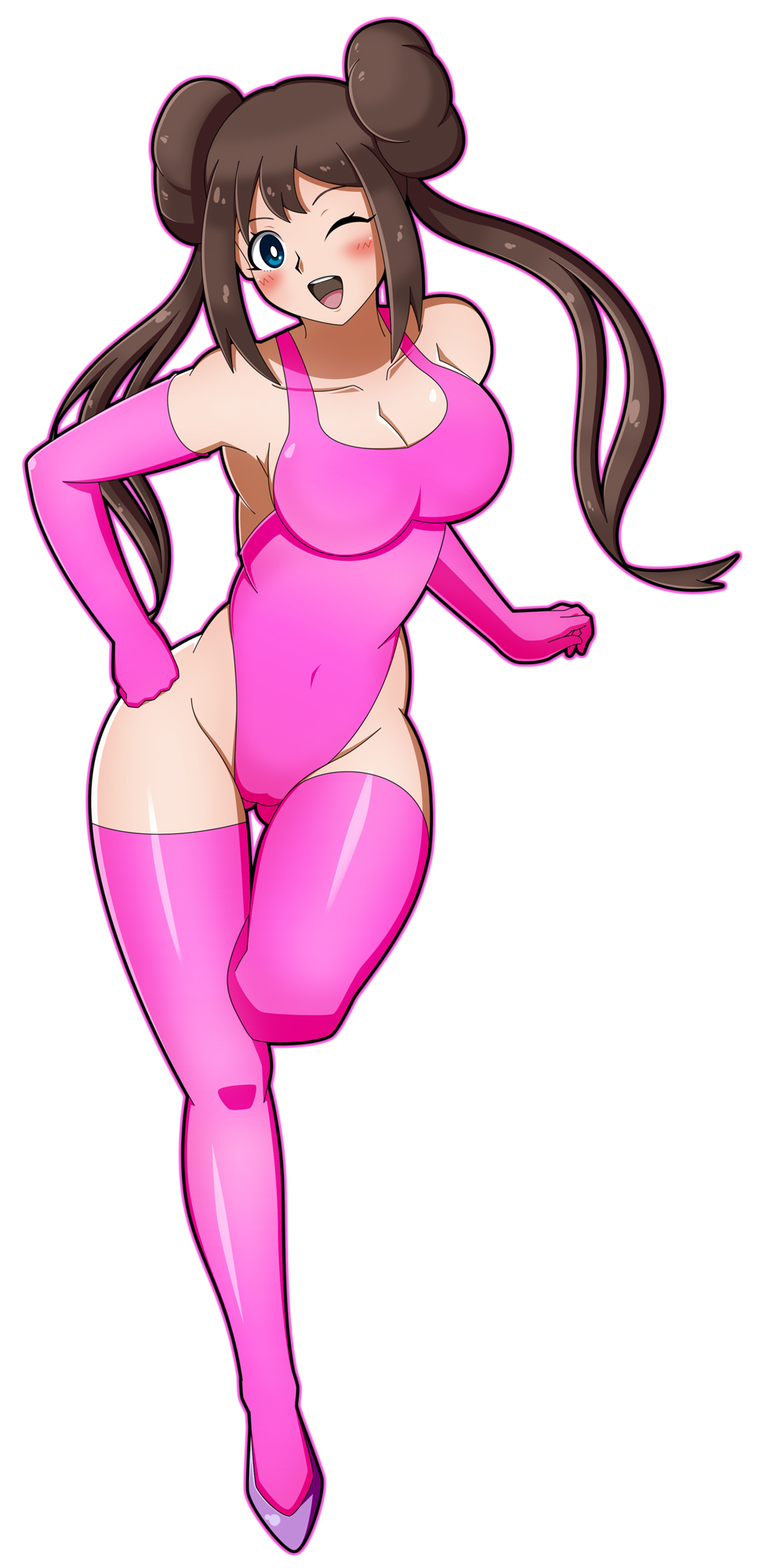 1girls, blush, breasts, double bun, eye contact, female, gloves, large breasts, leotard, light skin, light-skinned female, long hair, long twintails, looking at viewer, nintendo, one eye closed, pale skin, pale-skinned female, pokemon, pokemon bw2, rosa (pokemon), susuki hg, thick thighs, thighhighs, thighs, twintails, white background