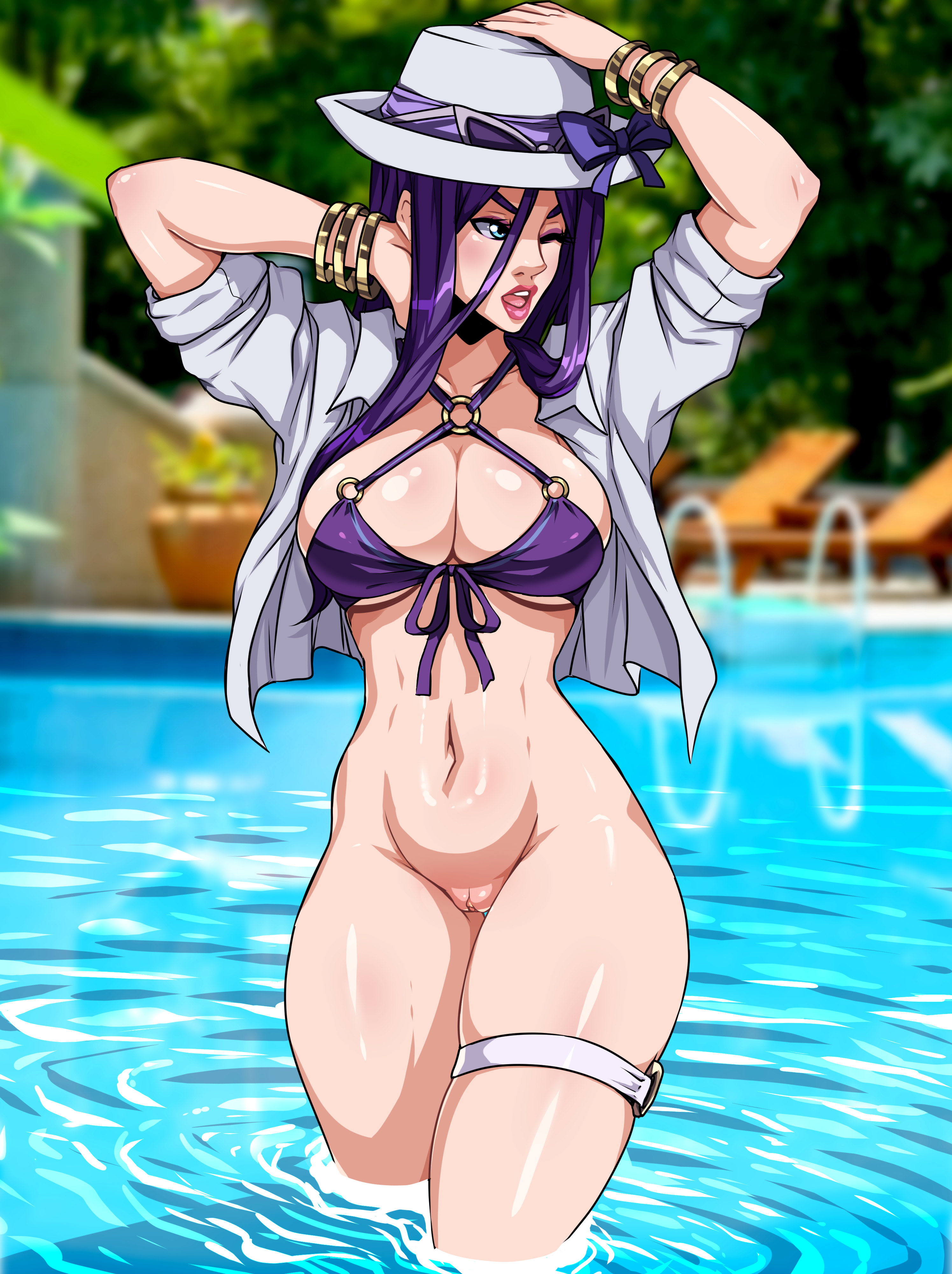 1girls, arms up, bikini, bikini top, bottomless, bracelet, breasts, caitlyn kiramman, female, hat, kyoffie, large breasts, league of legends, long hair, open mouth, pink nipples, pool, pool party caitlyn, pool party series, purple hair, pussy, riot games, solo, solo female, standing, tagme, thick thighs, tongue, wide hips