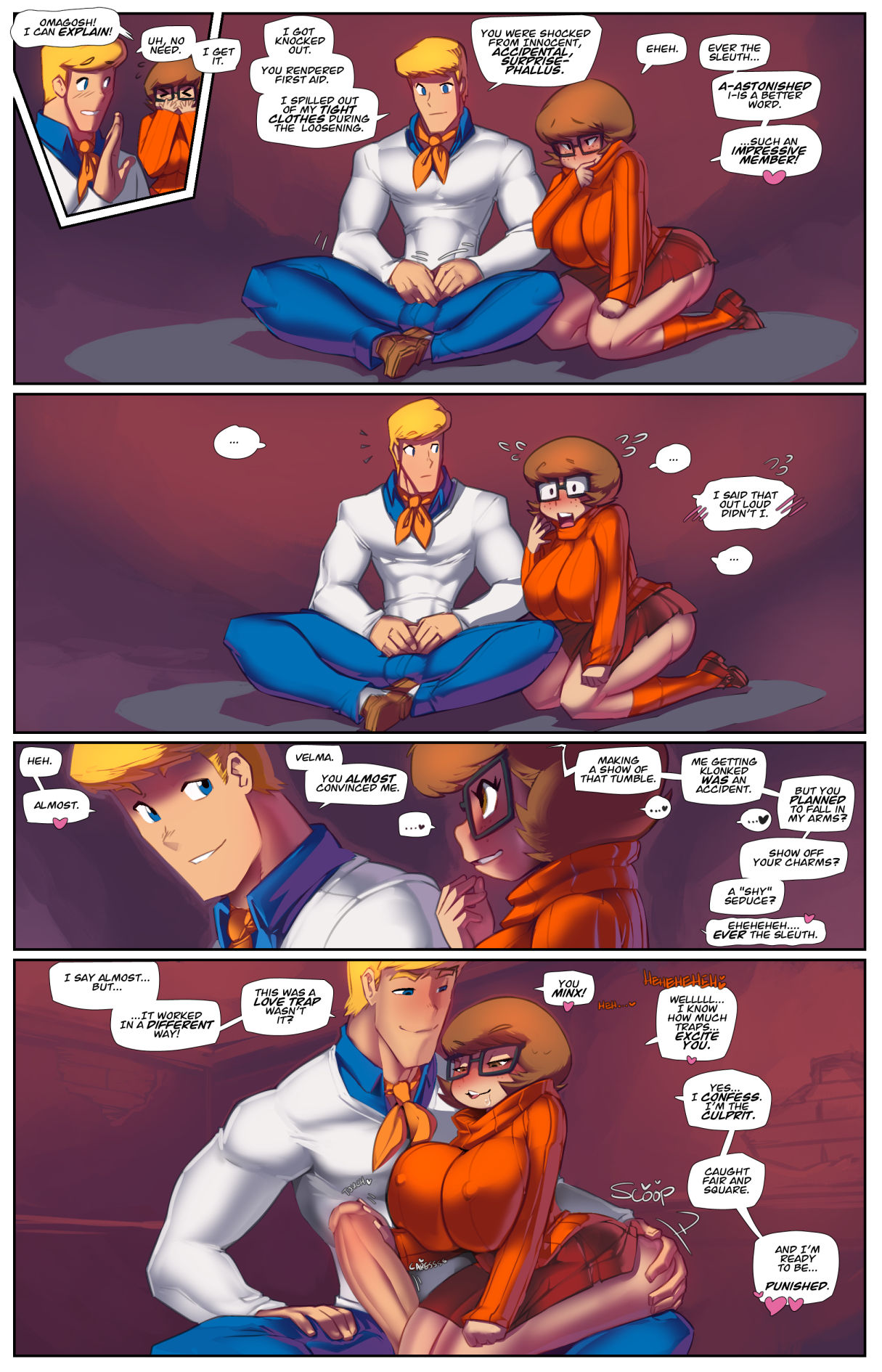 1boy, 1girls, ass, ass grab, big penis, blonde hair, blue eyes, blush, breasts, brown eyes, brown hair, brunette, bump in the night (comic), chubby, chubby female, comic, english text, female, fred jones, fred perry, glasses, huge breasts, human, large breasts, light skin, light-skinned male, male, nipple bulge, penis, scooby-doo, short hair, skirt, smile, sweater, text, velma dinkley, voluptuous