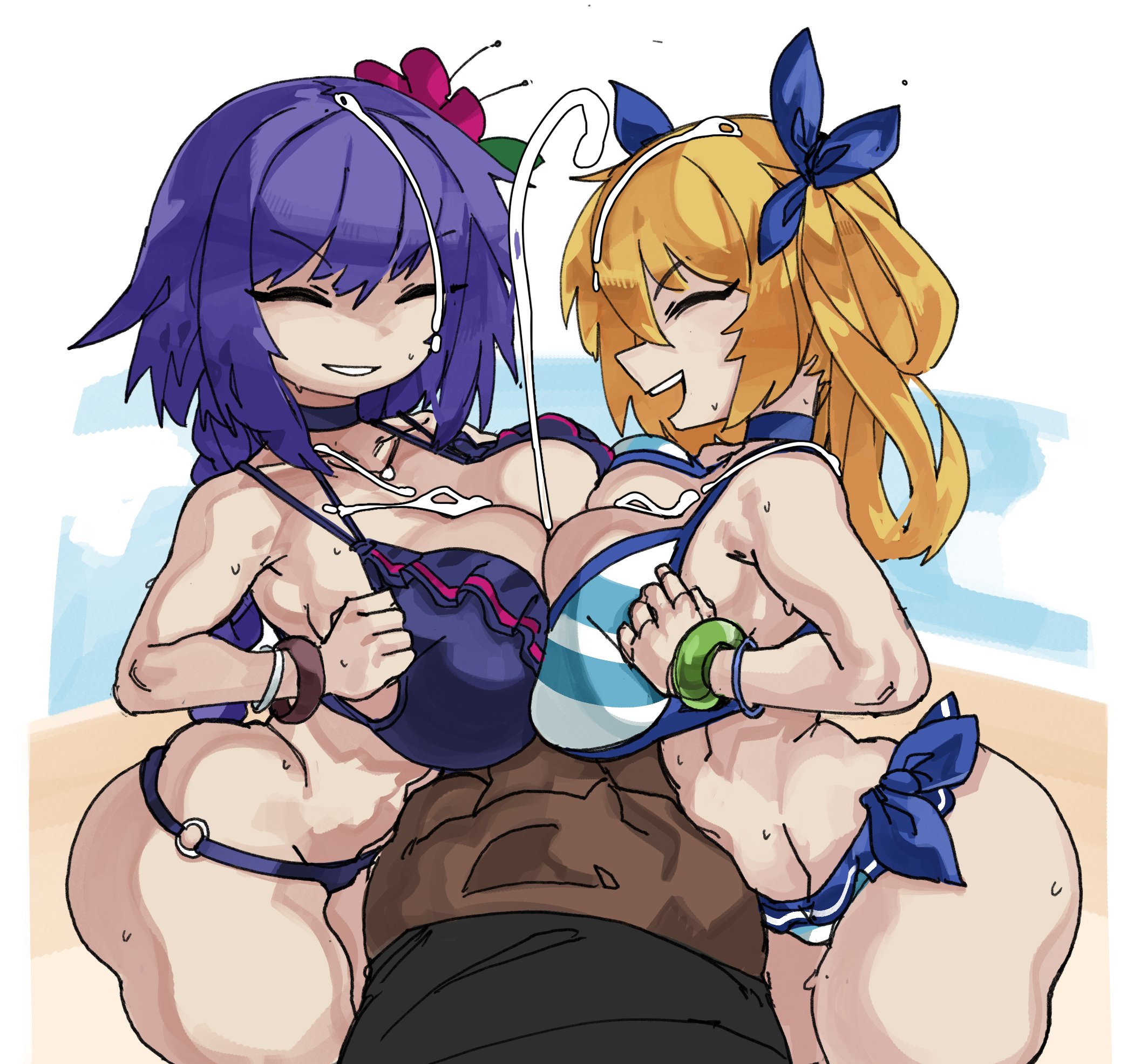 1boy, 2girls, big breasts, bikini, blonde hair, blue hair, braid, breast press, breasts, choker, cleavage, closed eyes, cum, cum on breasts, cum on head, cumshot, dark skin, dark-skinned male, double paizuri, eyebrows visible through hair, female, ffm threesome, flower in hair, hair ribbon, interracial, long hair, male, medium hair, multiple paizuri, paizuri, penis, penis between breasts, sex, smile, swimsuit, teamwork, thick thighs, threesome, twintails, very high resolution, wet skin, wide hips, wristband, zanamaoria