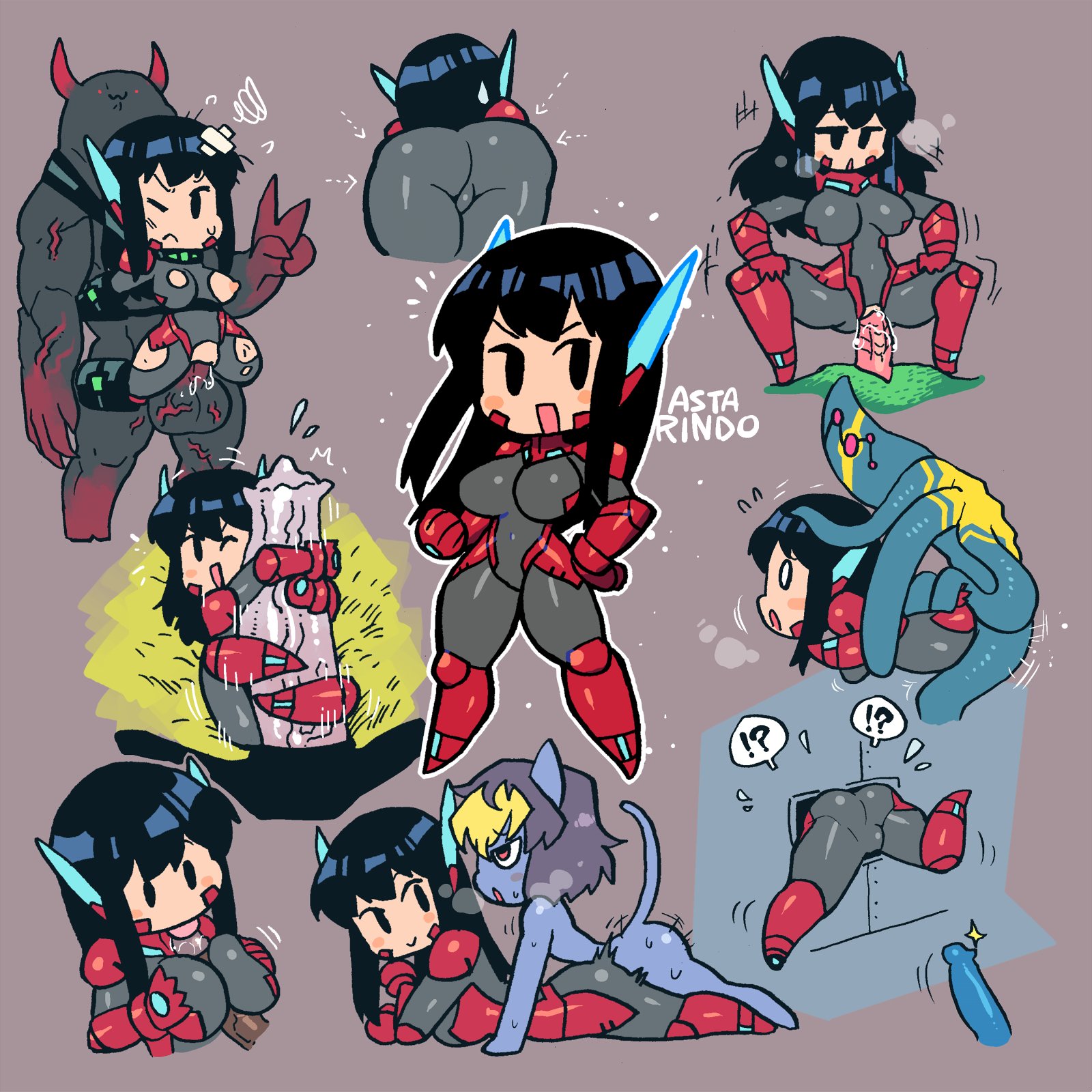 alien, ass, asta (crap man), asta rindo, black hair, bodysuit, breasts, crap-man, equine penis, female, horse penis, horsecock, large breasts, legs spread, male, male/female, mob face, neri (crap man), original, paizuri, penis, pussy, sex, spread legs, stuck in wall, tentacle, torn clothes, vaginal penetration