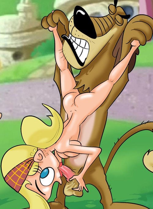 1boy 1girls 69 69_position ass blonde_hair blowjob blue_eyes breasts canine cartoon_network dukey fellatio johnny_test_(series) lipstick sissy_blakely zoophilia