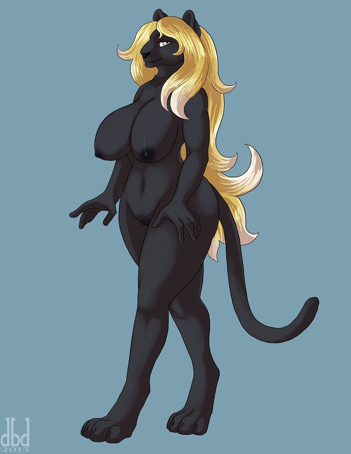 anthro big_breasts black_nipples black_nose black_pussy blonde_hair breasts dbd_(artist) feline female fur furry hair long_hair looking_at_viewer nipples nude panther plain_background pussy solo standing