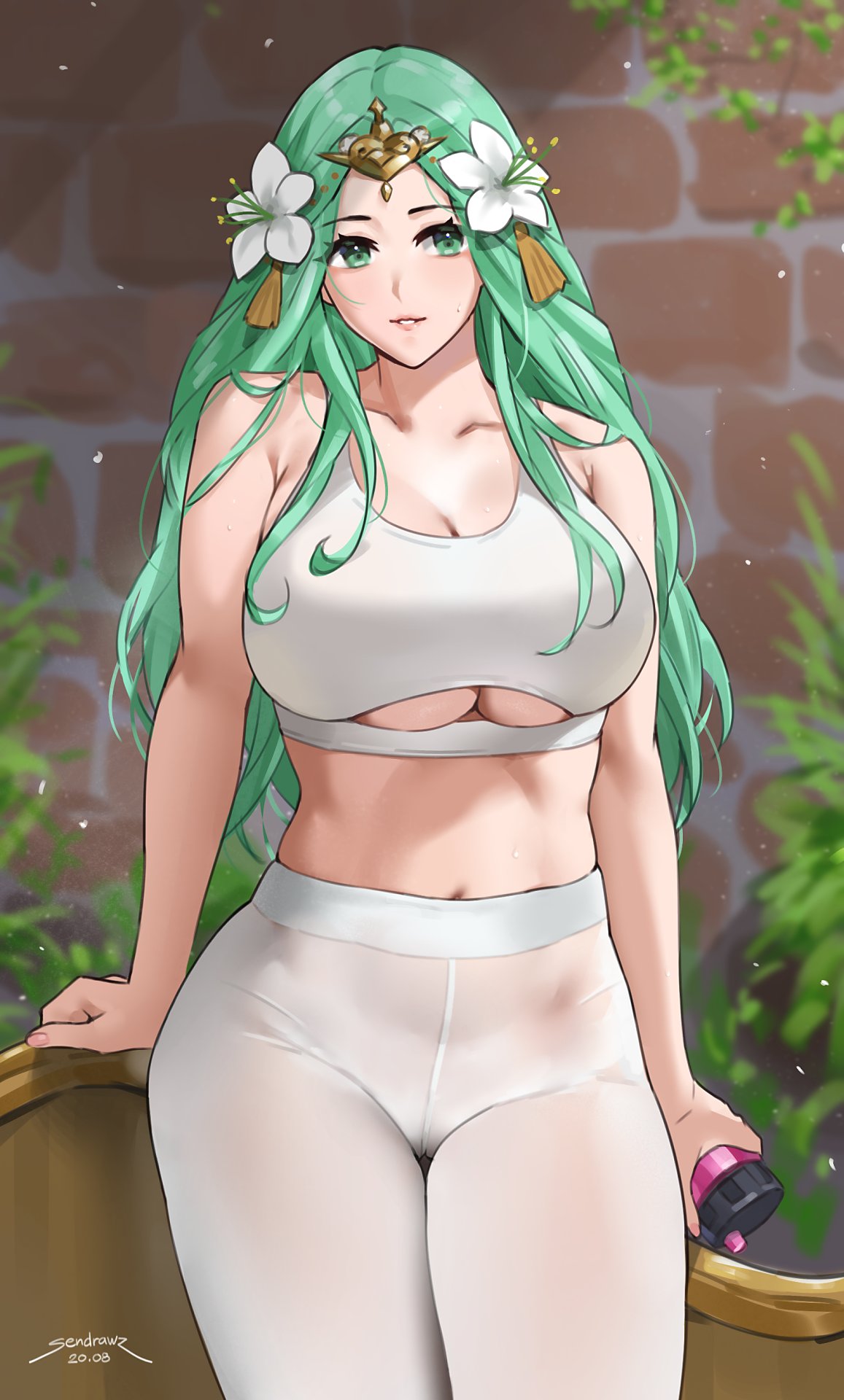 1girls 2020 arm_support bare_arms bare_midriff bare_shoulders belly belly_button big_breasts bottle breasts child_bearing_hips cleavage clothed clothes clothing collarbone female female_focus female_only fire_emblem fire_emblem:_three_houses fire_emblem_heroes fit fit_female flower flower_in_hair fully_clothed green_eyes green_hair highres hips hourglass_figure huge_breasts human human_only large_breasts leaning leaning_on_object leaning_on_wall light-skinned_female light_skin lips long_hair looking_at_viewer mature mature_female midriff milf navel nintendo pants post_workout relaxing rhea_(fire_emblem) see-through sendrawz smile smiling smiling_at_viewer solo solo_female solo_focus sports_bra standing stomach stomach_bulge sweat sweating tank_top thick thick_hips thick_thighs thigh_gap thighs tight tight_clothes tight_clothing tight_pants underboob underboob_cutout water_bottle white_bra white_pants wide_hips workout workout_clothes yoga_pants