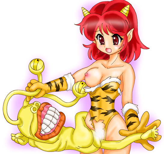 1boy 1girls censored eyestalks gloves horns leotard ojama ojama_yellow one_breast_out pointy_ears red_eyes red_hair sex thunder_nyan_nyan tiger_print torn_clothes yu-gi-oh!