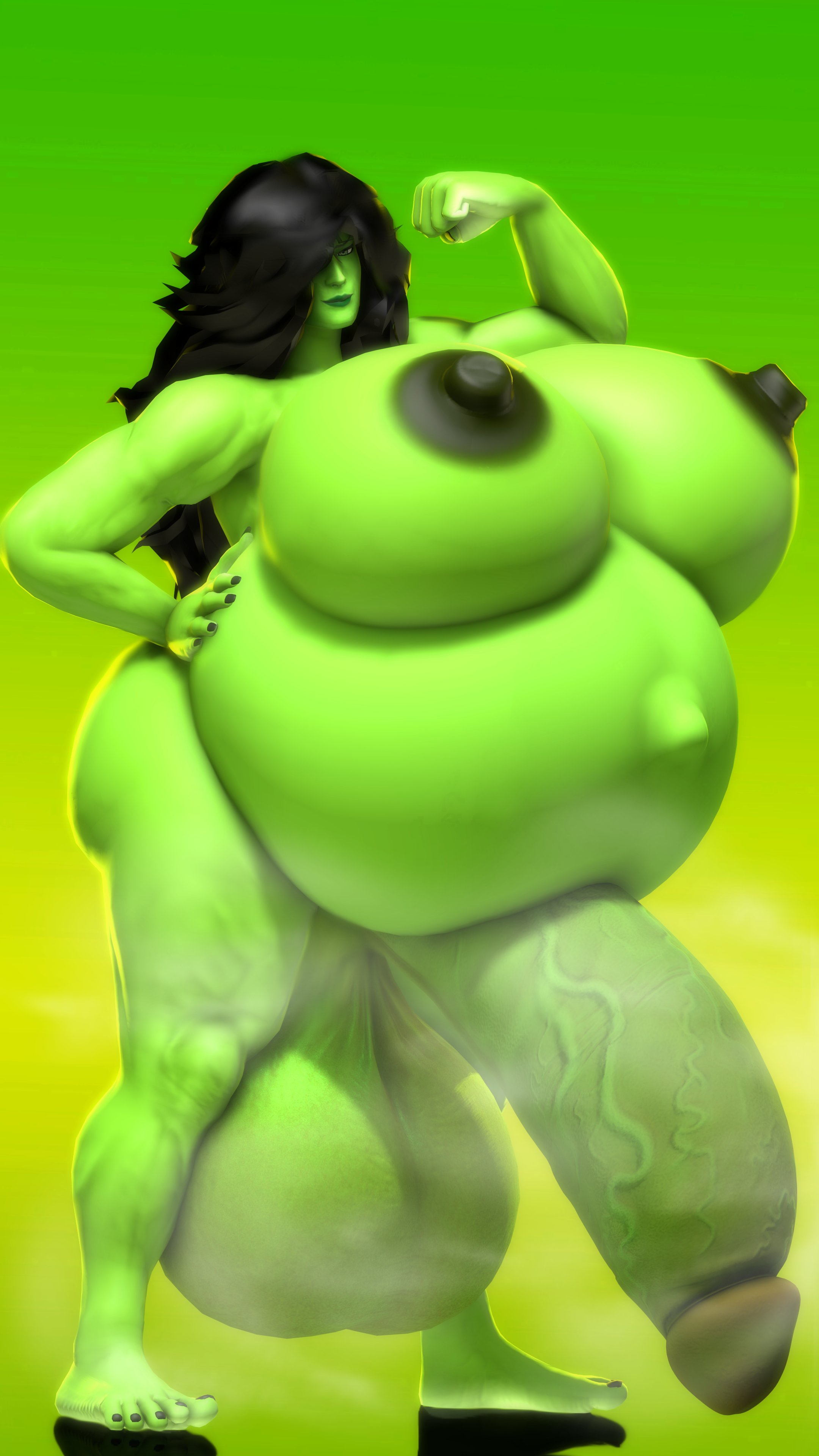 1futa, 3d, 3d (artwork), 4k, absurdres, areolae, balls, barefoot, big areolae, big breasts, big penis, black hair, breasts, completely nude, dickgirl, erect nipples, erection, feet, flexing bicep, futa only, futanari, giant breasts, green body, green skin, highres, huge balls, huge belly, huge breasts, huge cock, huge testicles, hulk (series), hyper, hyper balls, hyper belly, hyper penis, hyper testicles, intersex, legs, long hair, marvel, marvel comics, muscular, muscular futa, musk, musky cock, nipples, nude, penis, pregnant, pregnant futa, rattledbonezone, ready to pop, she-hulk, smell, solo, solo futa, source filmmaker, testicles, thick thighs, thighs, toes, veiny penis