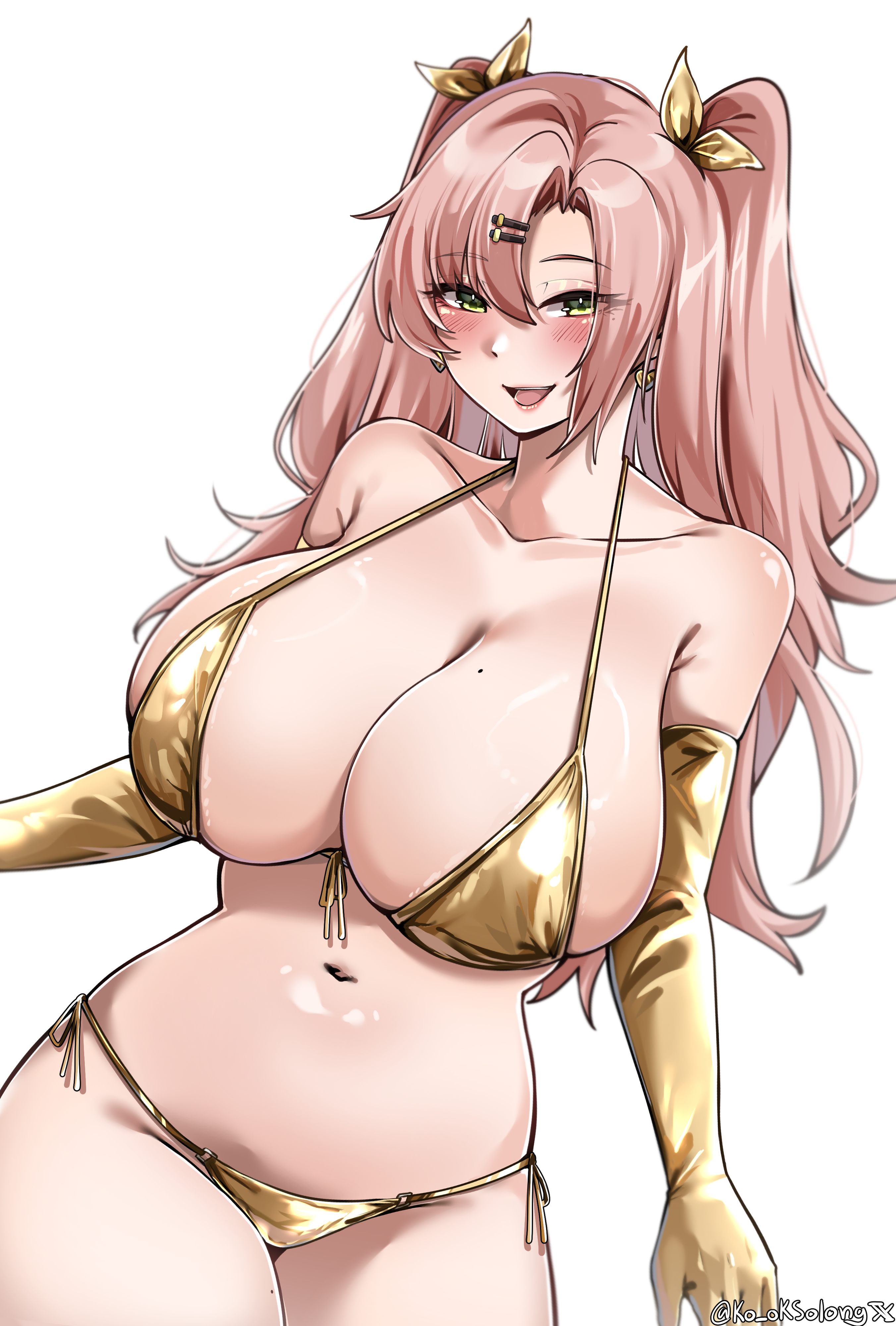 1girls, armwear, big breasts, bikini, bikini bottom, bikini top, bottomwear, breasts, cleavage, ear piercing, earrings, elbow gloves, female, female only, gloves, gold bikini, golden gloves, green eyes, hair, hair ornament, hair ribbon, hairclip, heart earrings, hips, hoyoverse, huge breasts, kookkub, light skin, light-skinned female, long hair, mihoyo, mihoyo technology (shanghai) co. ltd., mole, mole on breast, mole under eye, nicole demara, pink hair, ribbon, smile, solo, solo female, swimwear, thighs, topwear, twintails, white background, yellow gloves, zenless zone zero