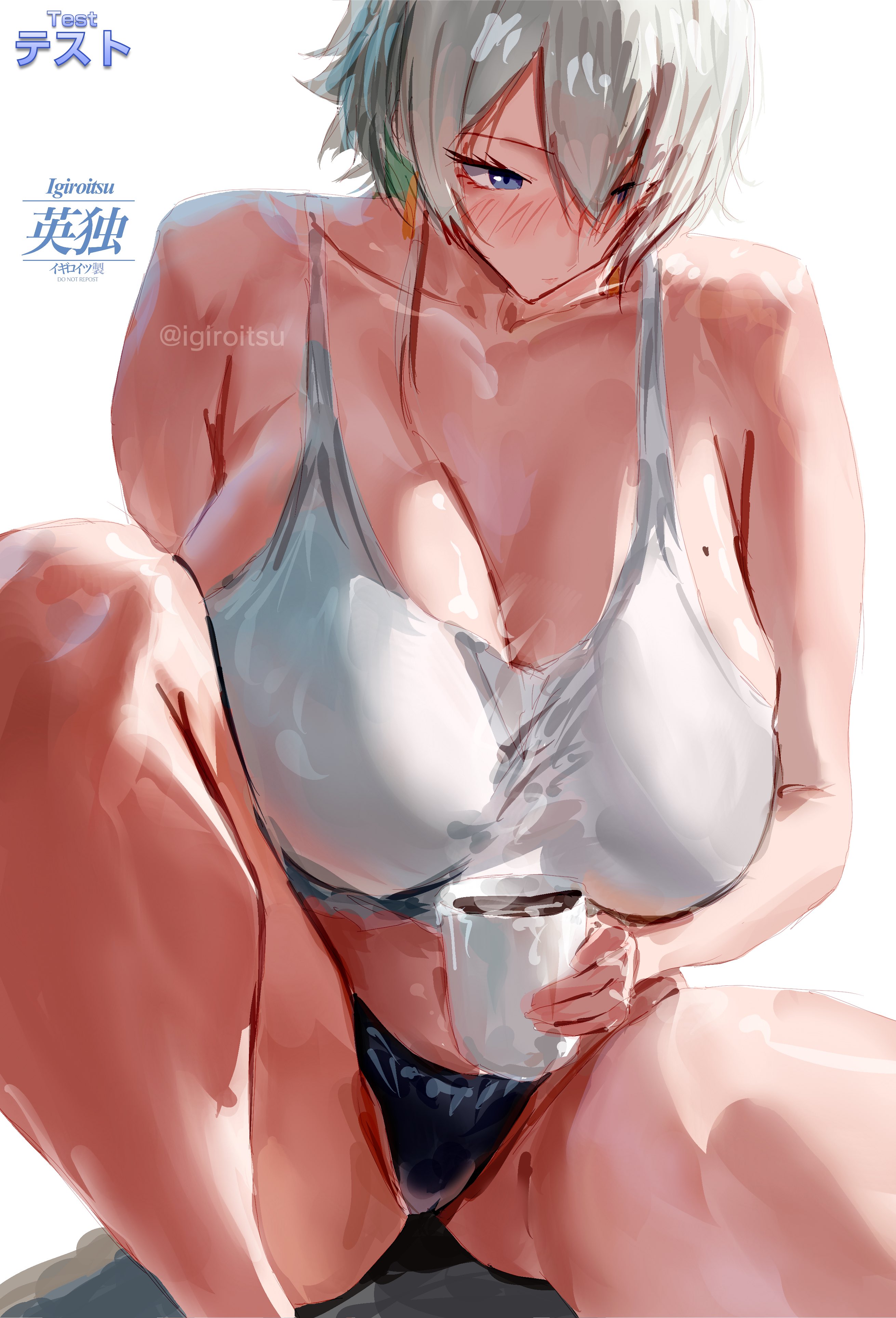 big breasts, blue eyes, blush, blushing, brid (nikke), coffee, coffee mug, earrings, fully clothed, goddess of victory: nikke, hi res, high quality, high resolution, highres, huge breasts, igiroitsu, looking down, massive breasts, mole, mole on breast, panties, shiny skin, short hair, sitting, thick, thick ass, thick thighs, thighs, topwear, white hair