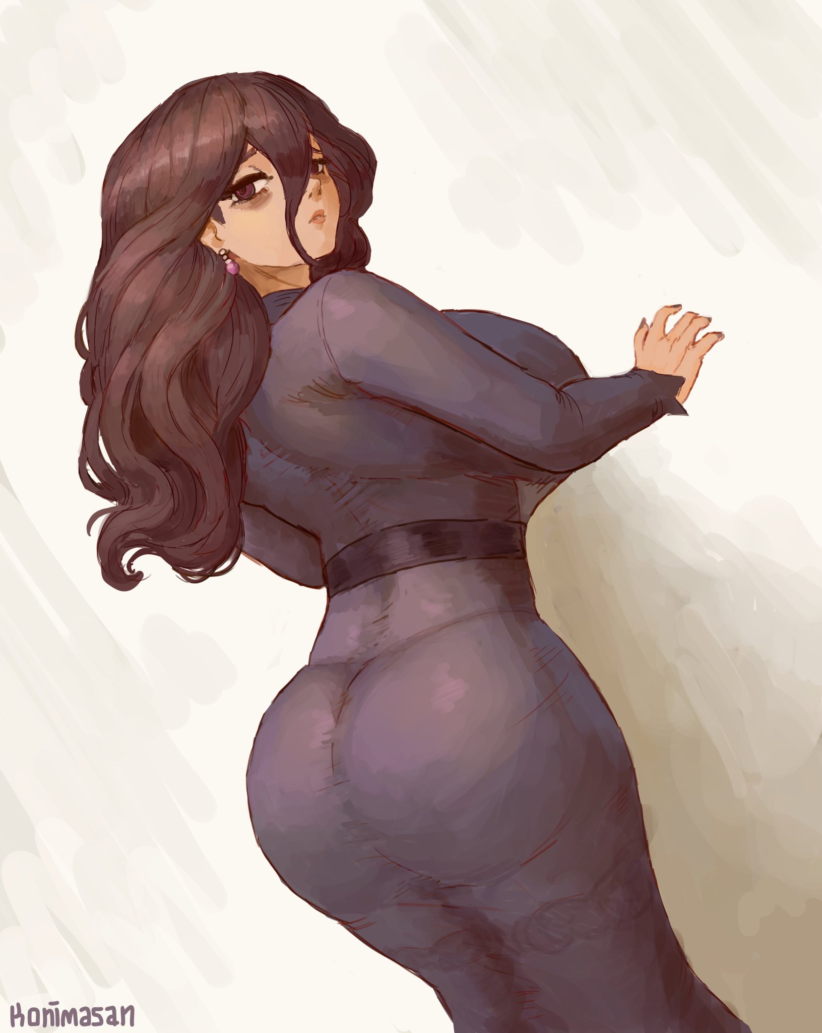 1girls, ass, ass bigger than head, ass cleavage, ass focus, black hair, hex maniac, hex maniac (pokemon legends: z-a), konimasan, large ass, large breasts, looking at viewer, occult maniac, occult maniac (pokemon legends: z-a), occult maniac (pokemon), occult maniac (z-a), pokemon, pokemon legends: z-a, purple eyes, tight clothing, tight fit, tired eyes