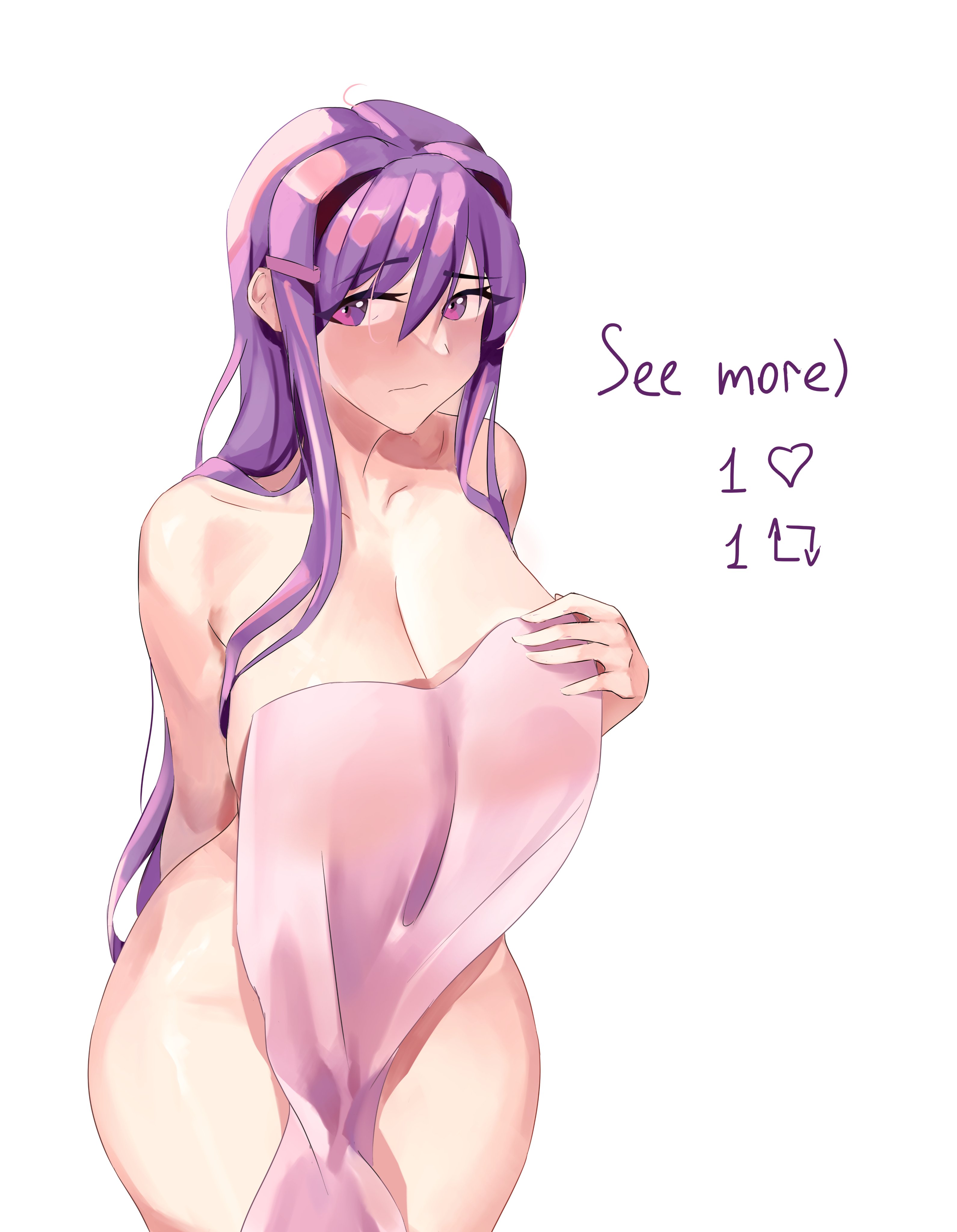 doki doki literature club, embarrassed, embarrassed naked female, embarrassed nude female, enf, female, naked, nude, stripping, towel, towel only, yudsnuts, yuri (doki doki literature club)