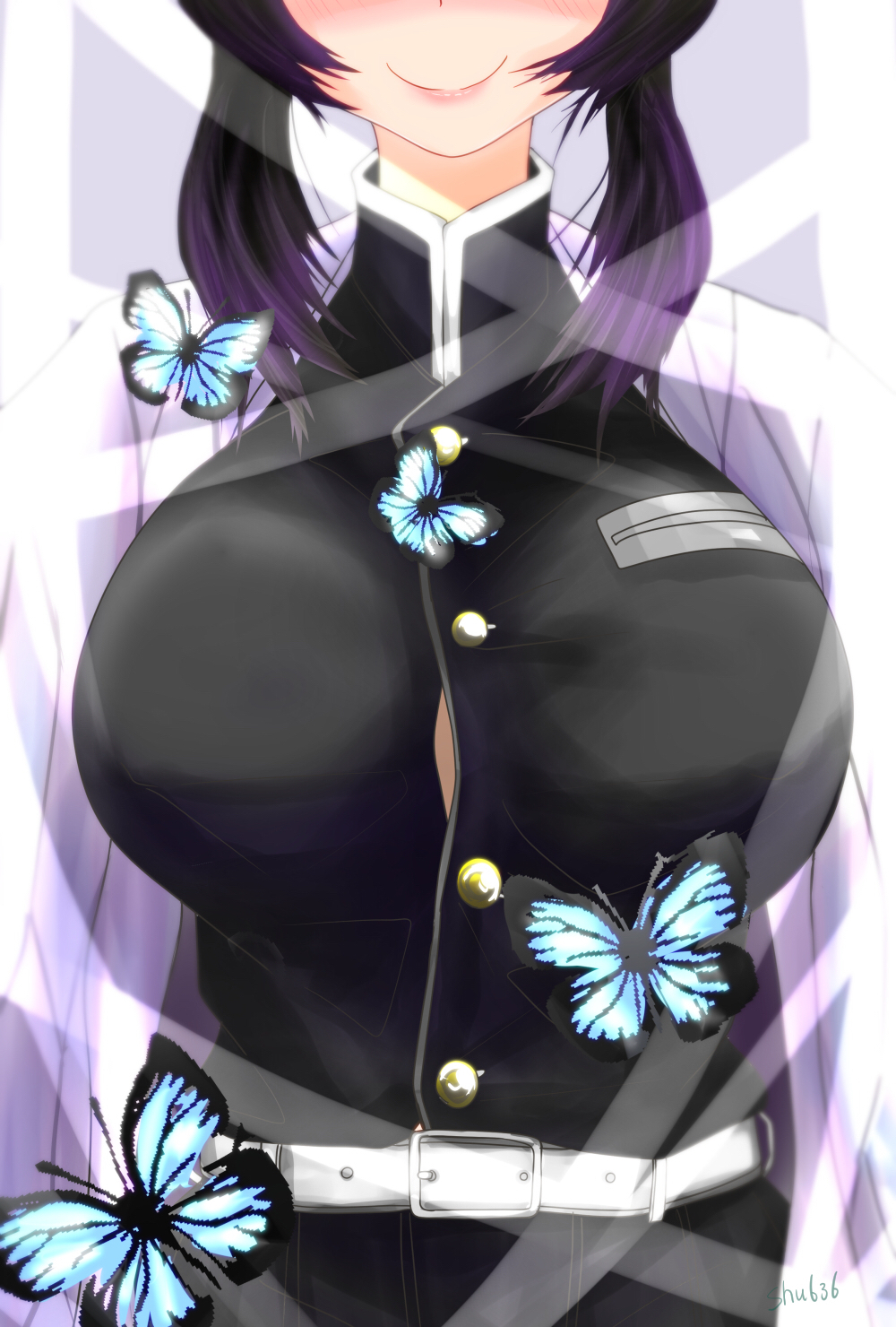 background big_breasts black_clothing black_hair butterfly clothed demon_slayer female haori kimetsu_no_yaiba kochou_shinobu lips plain_background purple_hair purple_highlights seductive seductive_smile shirt_pocket smile white_belt