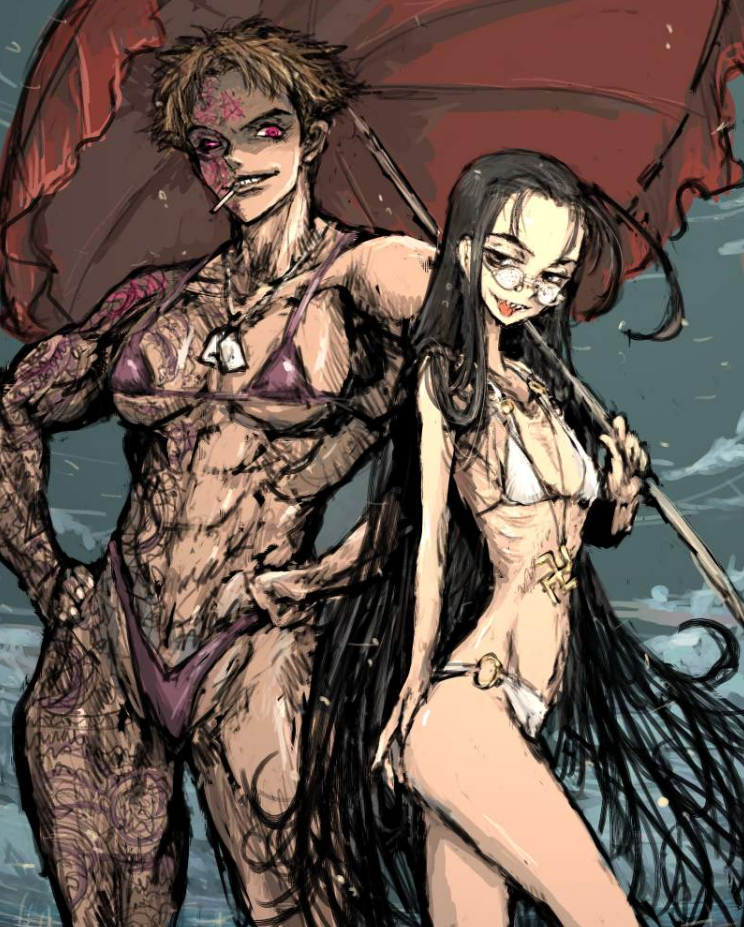 bikini drawn hellsing muscular nazi rip_van_winkle skinny swastika tattoo vampire zorin_blitz