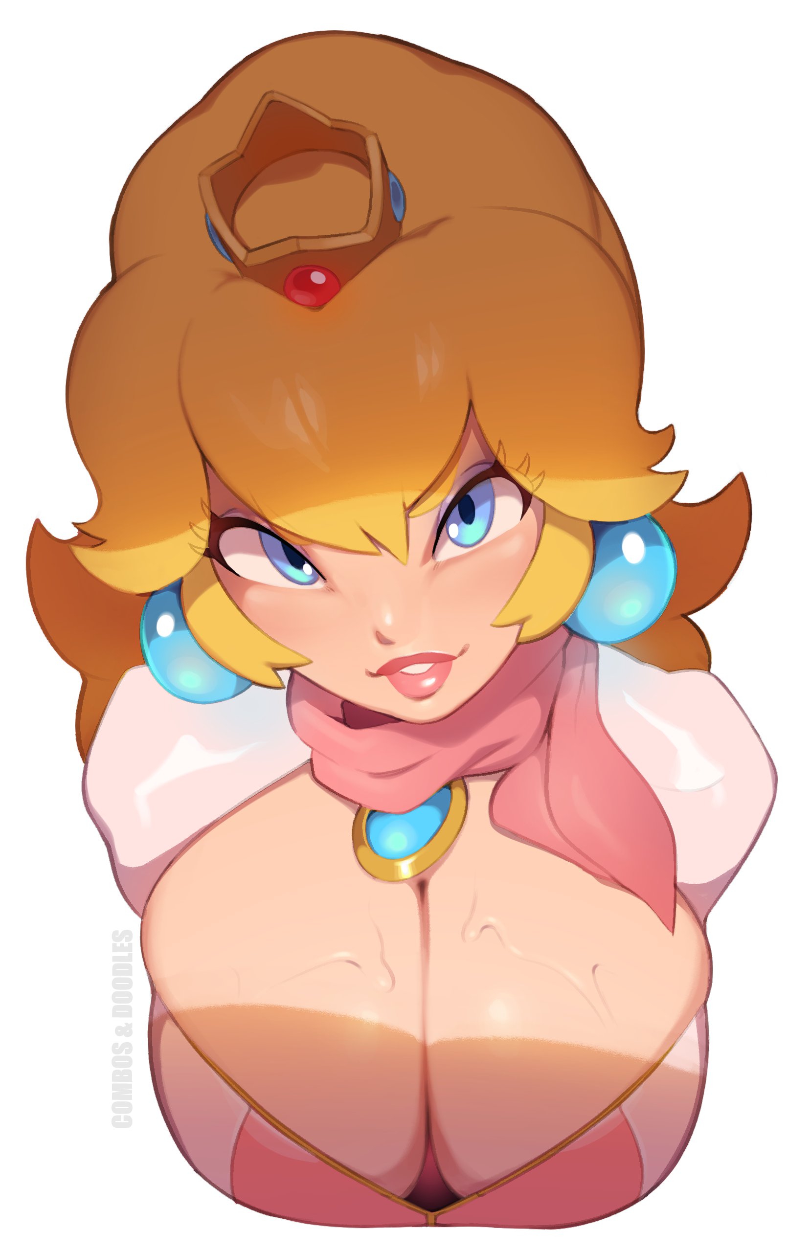 1girls, big breasts, blonde hair, breasts, busty, cleavage, cleavage cutout, clothing, combos-n-doodles, female, female only, huge breasts, large breasts, looking at viewer, mario (series), mario kart, nintendo, princess peach, scarf, simple background, smile, solo, sweat, white background