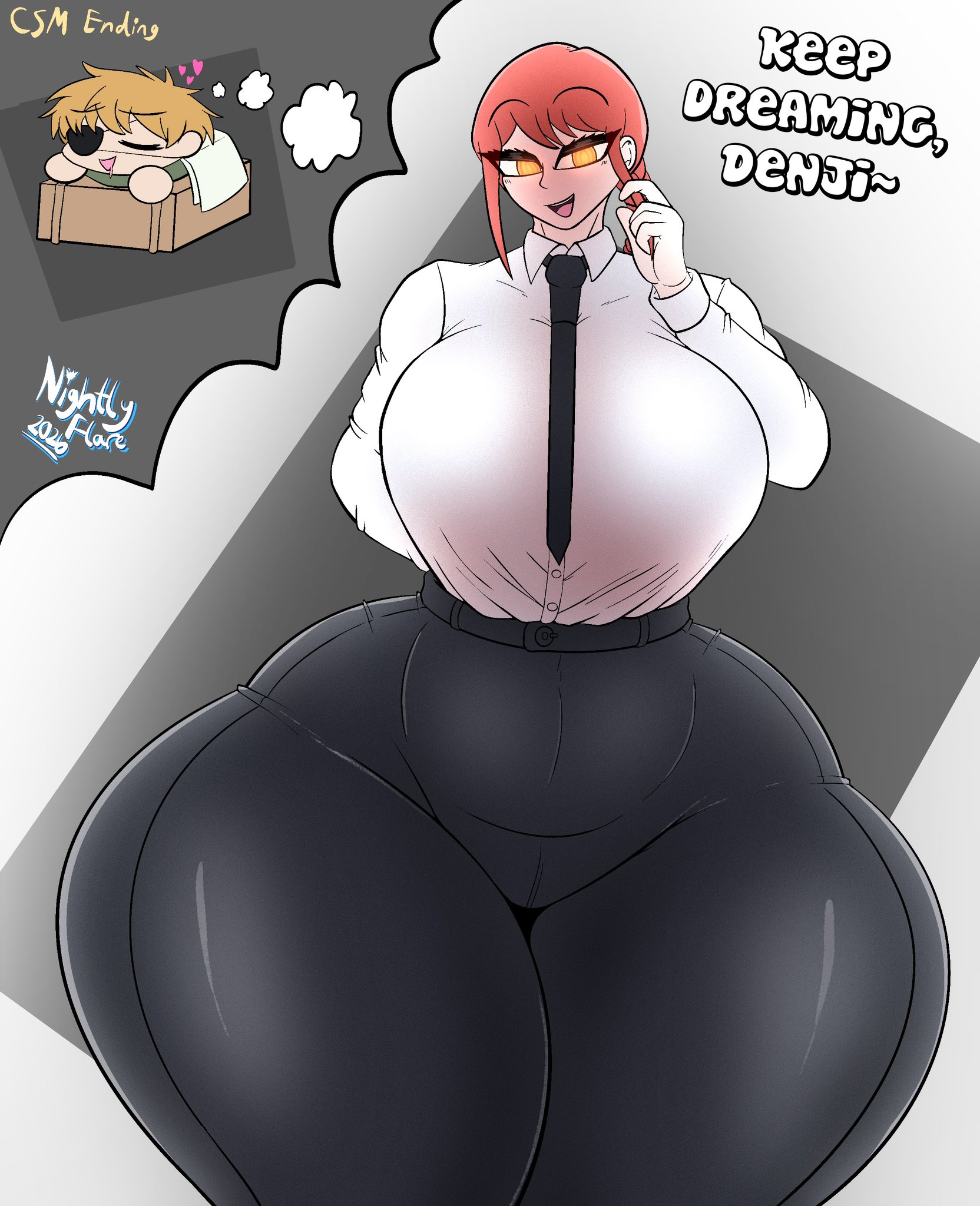 1boy, 1boy1girl, 1boy1girls, 1boys, 1girl1boy, 1girls, 1girls1boy, big breasts, big thighs, black pants, black tie, chainsaw man, clothed, clothed female, clothing, denji (chainsaw man), dreaming, eyepatch, female, female/male, hyper, hyper thighs, large breasts, large thighs, long hair, makima (chainsaw man), male, male/female, mommy, mommy milkers, nightlyflare, red hair, sleeping, sleepy, swirly eyes, thicc, thicc thighs, thick, thick hips, thick legs, thick thighs, thighs, thought bubble, tie, voluptuous, voluptuous body, voluptuous female, white shirt