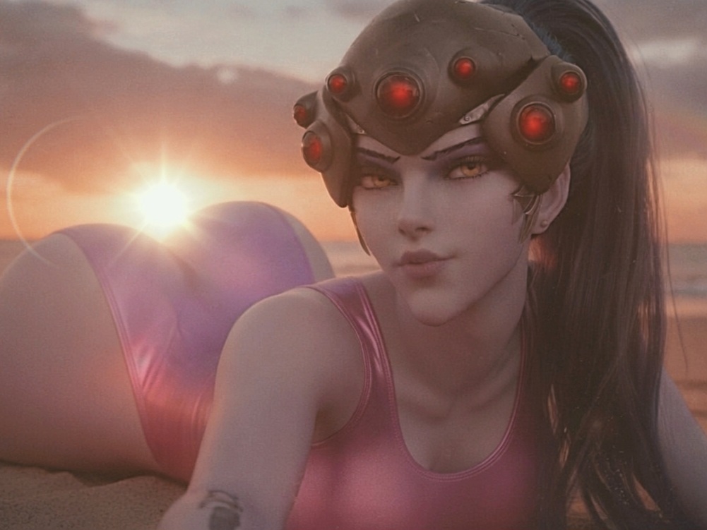ass, beach, beach background, big ass, big butt, butt over back, evil, laying down, laying on stomach, overwatch, villainess, widowmaker