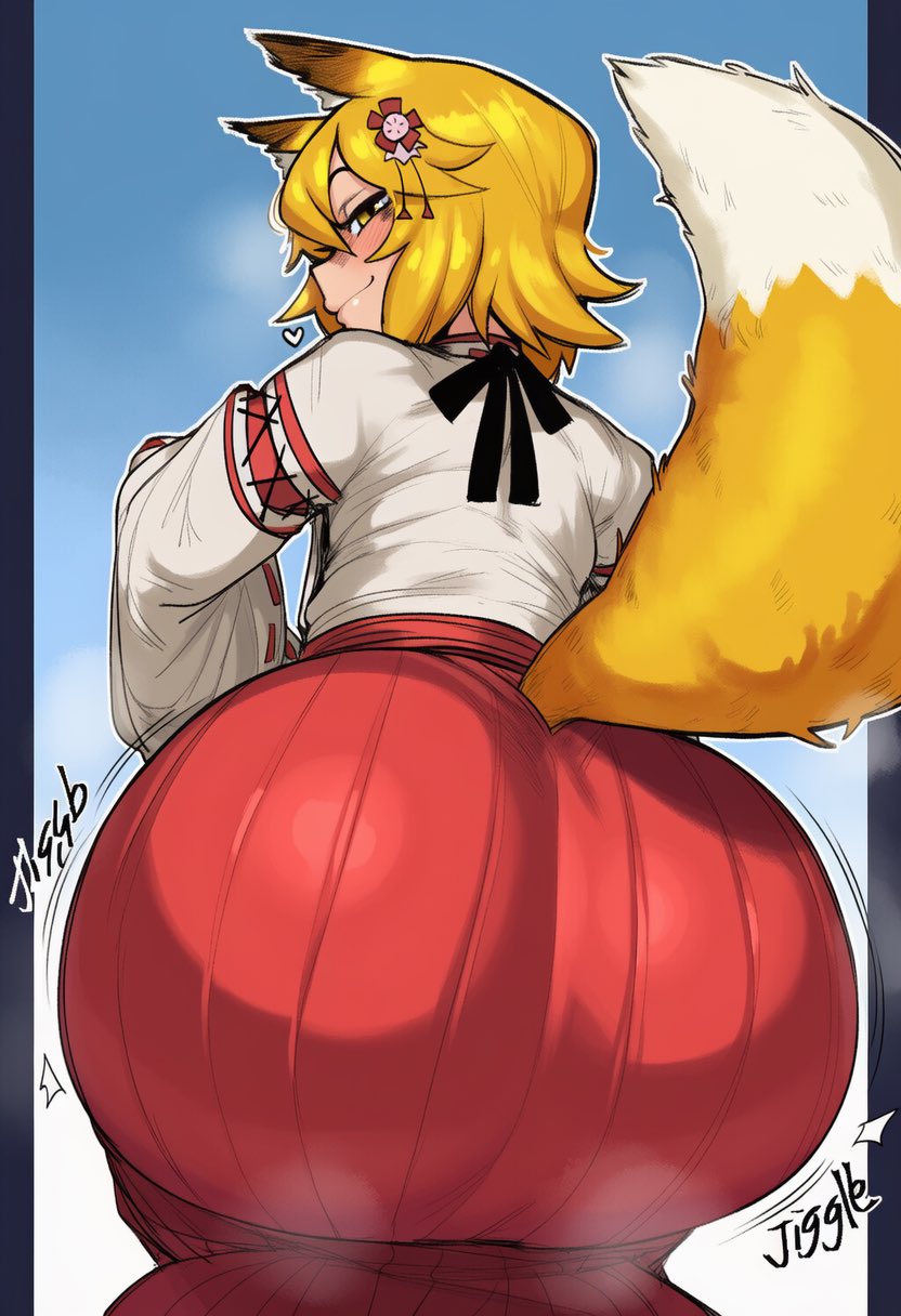 ai generated, blonde hair, bottom heavy, fox ears, fox tail, hair ornament, huge ass, jiggling ass, long skirt, looking at viewer, looking back at viewer, miko, novelai, senko (sewayaki kitsune no senko-san), sewayaki kitsune no senko-san, shrine maiden, simple background, sleepingslop, smug, smug face, tight clothing, voluptuous, white tipped tail