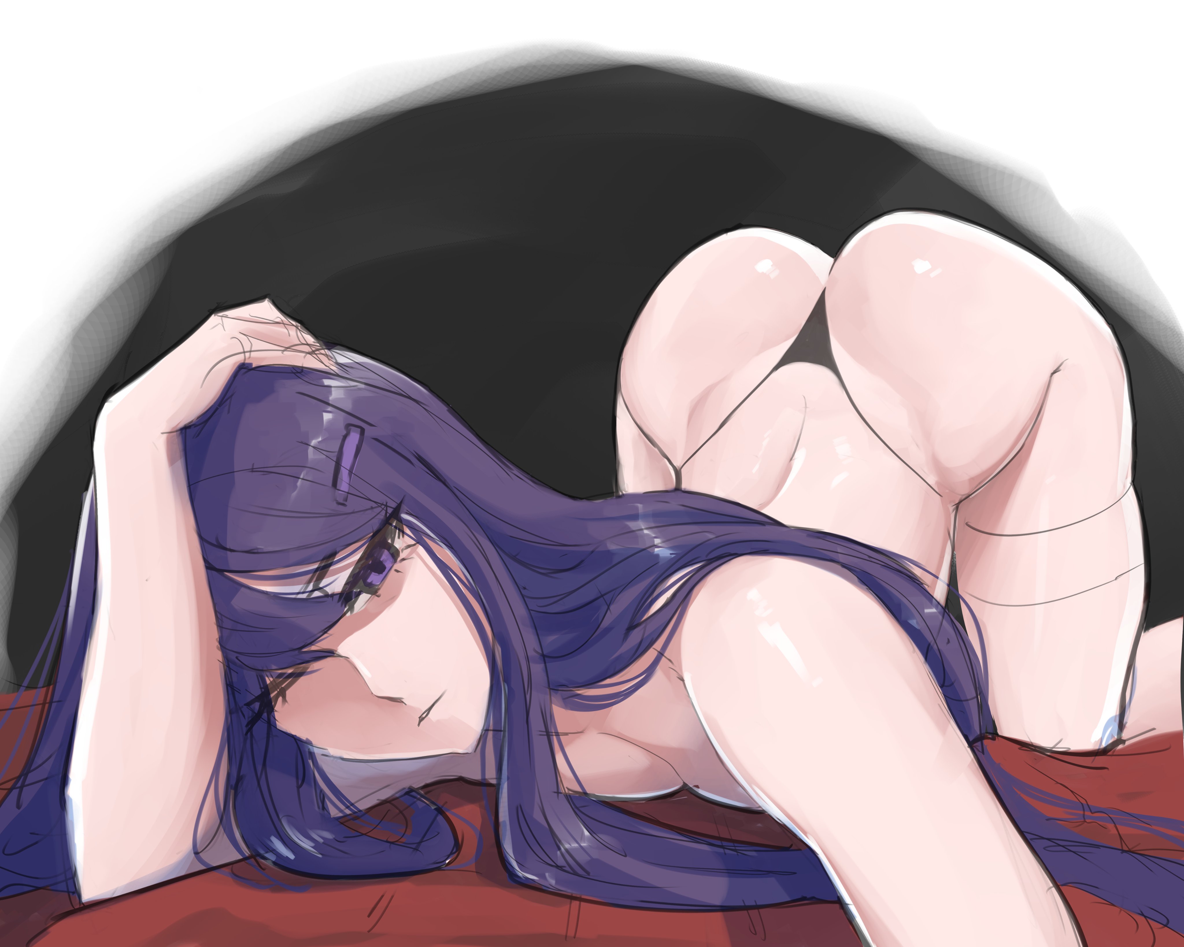 doki doki literature club, looking at viewer, lu arts, on bed, thong, yuri (doki doki literature club)