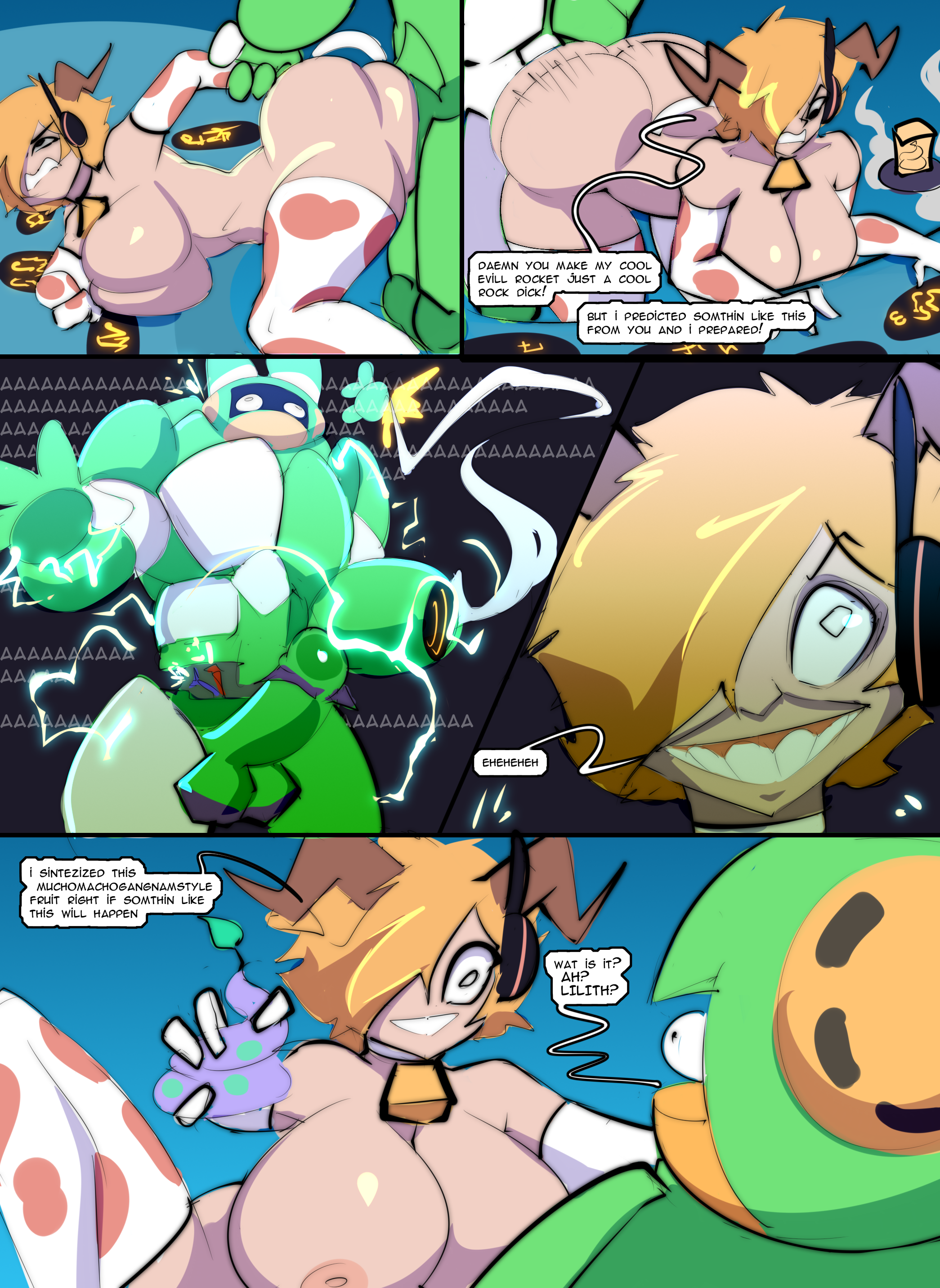1boy, 1girls, ass, balls, bare arms, bare legs, bare shoulders, bare thighs, big ass, big balls, big breasts, big butt, big cock, big hips, big nipples, big penis, big thighs, bikini, bikini bottom, bikini top, blonde hair, blonde-haired female, breasts, cock, color, comic, comic page, cow bikini, cow print bikini, cowkini, dgoger, doggy style, english, english text, female, fishnet stockings, fishnets, gigantic ass, gigantic boobs, gigantic breasts, gigantic butt, gigantic cock, gigantic hips, gigantic penis, gigantic thighs, gigantic tits, grabbing own breast, hi res, hips, huge ass, huge balls, huge boobs, huge breasts, huge butt, huge cock, huge hips, huge nipples, huge thighs, large breasts, light skin, light-skinned female, looking at viewer, male, male/female, massive ass, massive balls, massive boobs, massive breasts, massive butt, massive cock, massive hips, massive penis, massive thighs, massive tits, nipples, one piece, one piece: egghead arc, orange hair, pantyhose, penis, pink eyes, pussy, pussy visible through clothes, robot, robot boy, robot humanoid, short hair, shounen jump, tagme, tail, text, text bubble, thick thighs, thighhighs, thighs, vegapunk edison, vegapunk lilith, voluptuous, voluptuous body, voluptuous female, wide hips, wide thighs