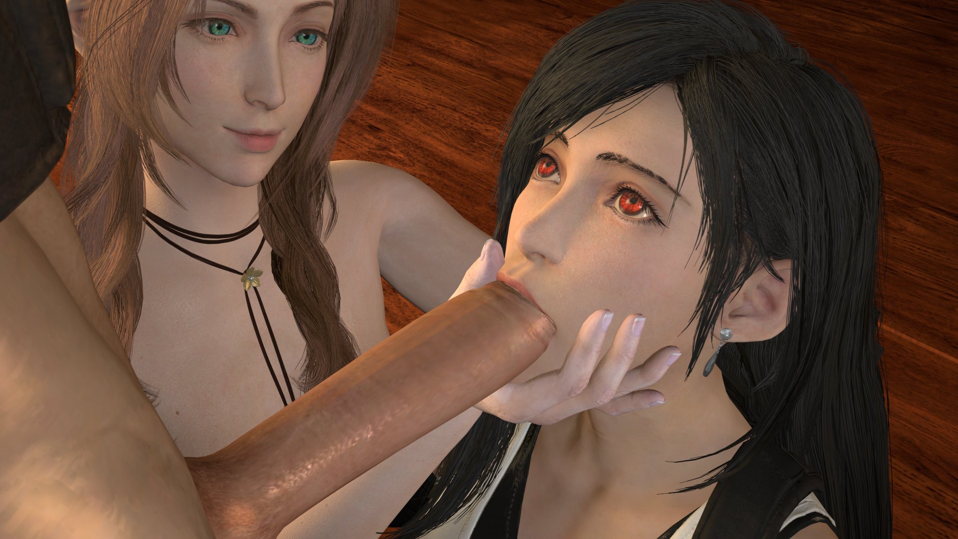 1boy, 2girls, 3d, aerith gainsborough, assisted fellatio, big penis, black hair, blonde hair, braid, braided hair, braided twintails, breasts, brown hair, clothed female, cloud strife, collaborative fellatio, cute, earrings, emerald eyes, eye contact, eyelashes, face focus, face grab, fellatio, female, female focus, final fantasy, final fantasy vii, final fantasy vii remake, foreskin, fringe, green eyes, hand on head, happy, head grab, huge cock, human, human male, imminent deepthroat, indoors, kneeling, large penis, light skin, light-skinned male, long hair, long penis, looking at another, looking at partner, looking up, male, necklace, nude, nude female, oral, pants down, penis, petite, red eyes, red lipstick, ribbon, seductive eyes, seductive mouth, slim, small breasts, smile, square enix, stephanie23, straight, threesome, throat grab, tifa lockhart, uncircumcised, uncut, wooden floor