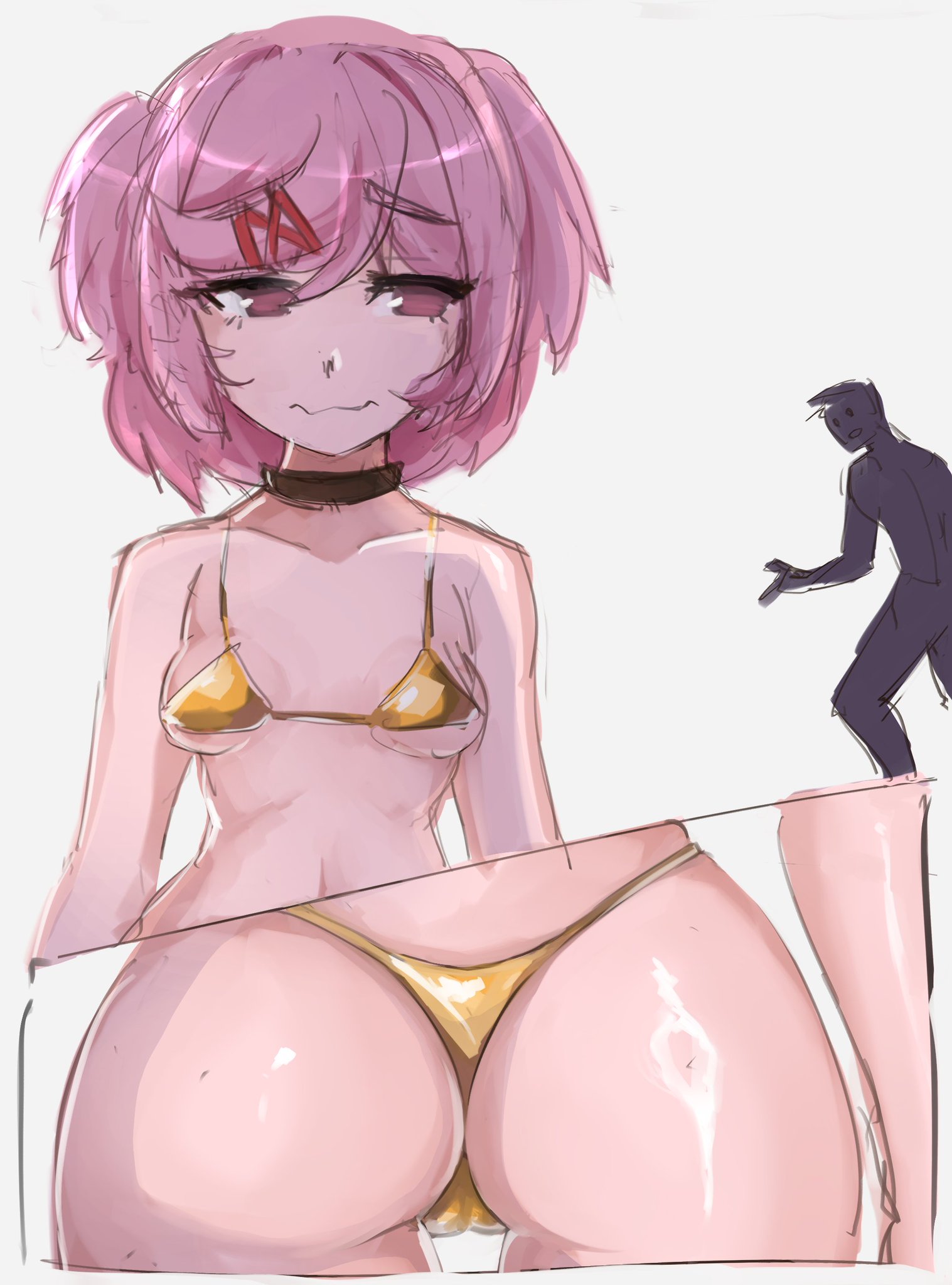 1girls, ass, bikini, doki doki literature club, female, female focus, looking at viewer, lu arts, natsuki (doki doki literature club), solo focus