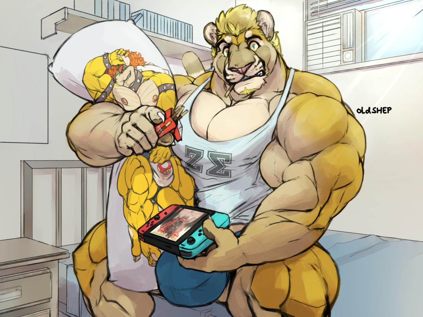 2019 4:3 anthro armband bara barazoku beard bed biceps big_muscles blonde_hair body_pillow bowser bulge clothing collar cougar crossover daddy deltoids facial_hair felid feline food furniture hair horn incineroar inside koopa looking_at_viewer male male_only mammal mario_(series) muscular muscular_anthro muscular_male nintendo nintendo_switch nipples oldshep on_bed pillow pocky pokémon_(species) pokemon red_hair scalie shell shirt sitting solo spiked_armband spiked_collar spiked_shell spikes spikes_(anatomy) tank_top topwear underwear video_games yellow_body