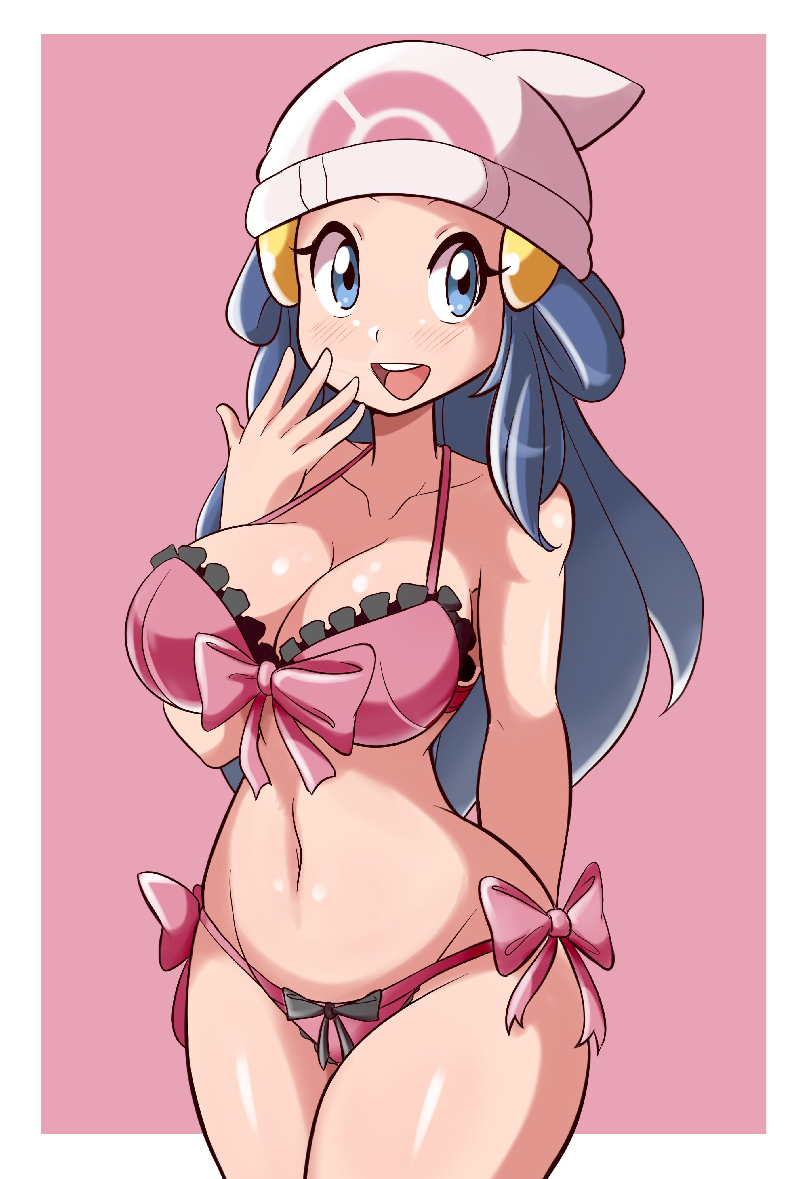 1girls, aged up, alternate breast size, big breasts, blue eyes, blue hair, blush, bra, breasts, cleavage, clothed, clothed female, clothing, colored, dawn (pokemon), female, female focus, female only, fully clothed, hourglass figure, human, large breasts, legs together, looking at viewer, lucyfercomic, matching underwear, nintendo, open mouth, panties, pink bra, pink panties, pokemon, pokemon dppt, shiny skin, simple background, solo, solo female, solo focus, underwear, video games, wide hips, young