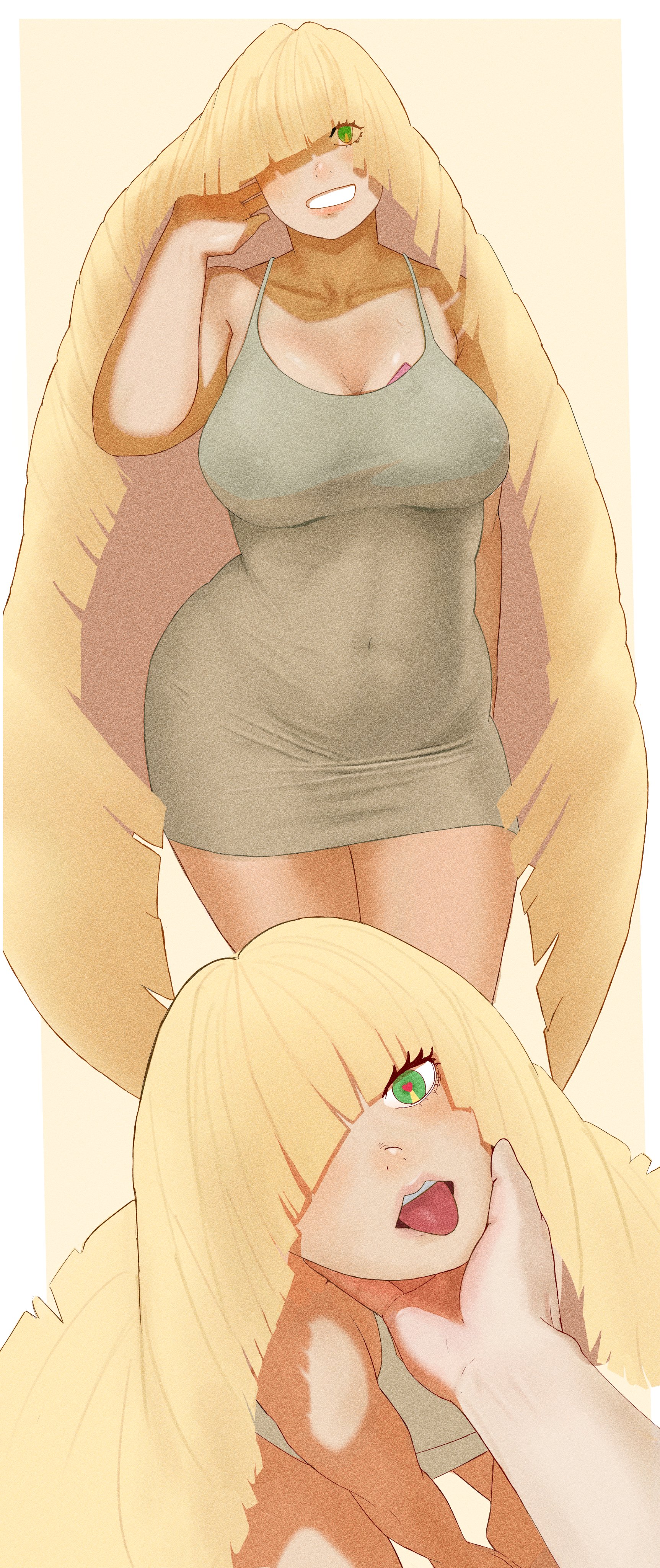 1boy, 1girls, ahsern19552, big breasts, blonde hair, breasts, female, female focus, green eyes, hand under chin, large breasts, lusamine (pokemon), mature female, milf, mother, nipples, nipples visible through clothing, pokemon, solo focus, tongue, tongue out, translucent clothing