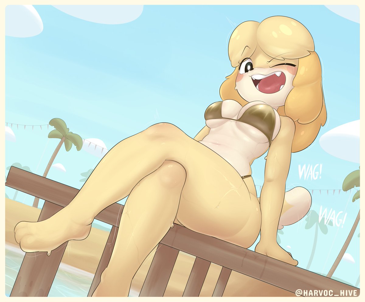 1female, 1girl, 1girls, 2d, 2d (artwork), 2d artwork, animal crossing, beach, beach background, big breasts, big thighs, bikini, bikini bottom, bikini top, blush, canine, closed eye, day, daytime, dog ears, dog girl, dog tail, female focus, female only, fur, furry, furry ears, furry female, furry tail, gold bikini, harvoc hive, isabelle (animal crossing), looking at viewer, looking down, open mouth, outdoors, outside, palm tree, paw, paws, sand, sea, sky, smile, smile at viewer, smiley face, tagme, tongue, wagging tail, water, wet, wet body, wet hair, wet skin, wink, winking, winking at viewer, yellow body, yellow fur, yellow hair, yellow skin