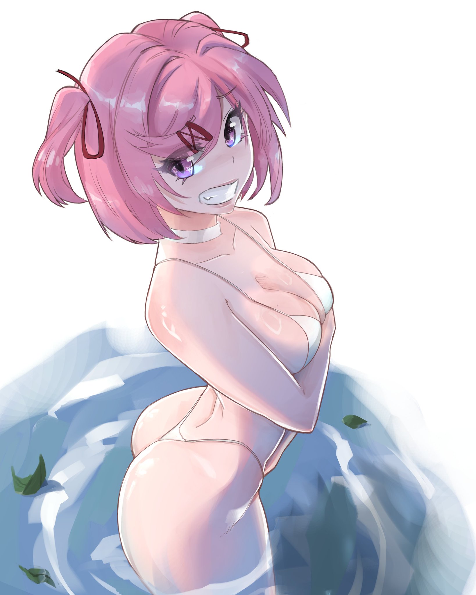 1girls, bikini, doki doki literature club, female, female only, looking at viewer, lu arts, natsuki (doki doki literature club), solo, water
