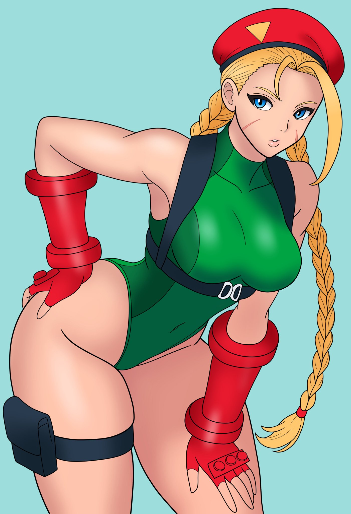 1girls, blonde female, blonde hair, blonde-haired female, blue eyes, bojack198, breasts, cammy white, female, green leotard, hand on ass, hat, legs, leotard, long hair, ponytail, red hat, street fighter, street fighter 6, street fighter ii, street fighter iv, street fighter v, thick legs