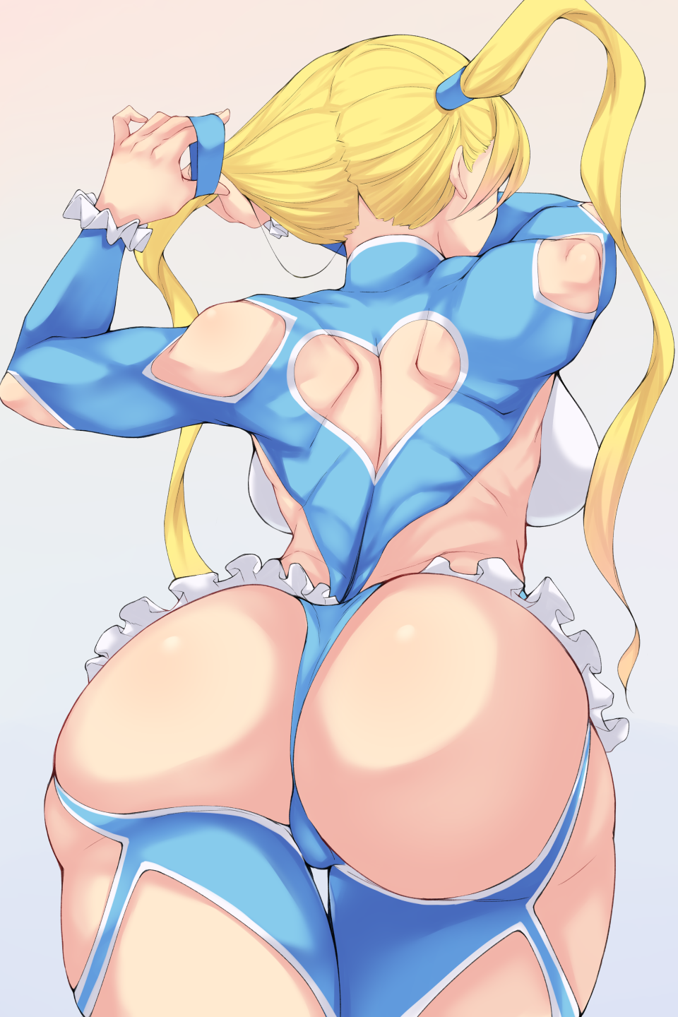 1girls ass ass_focus back_view black_mutou blonde_hair blue_bodysuit butt capcom favorite huge_ass muscular pale-skinned_female partially_clothed pigtails rainbow_mika rear_view sideboob solo street_fighter tagme video_games wrestler