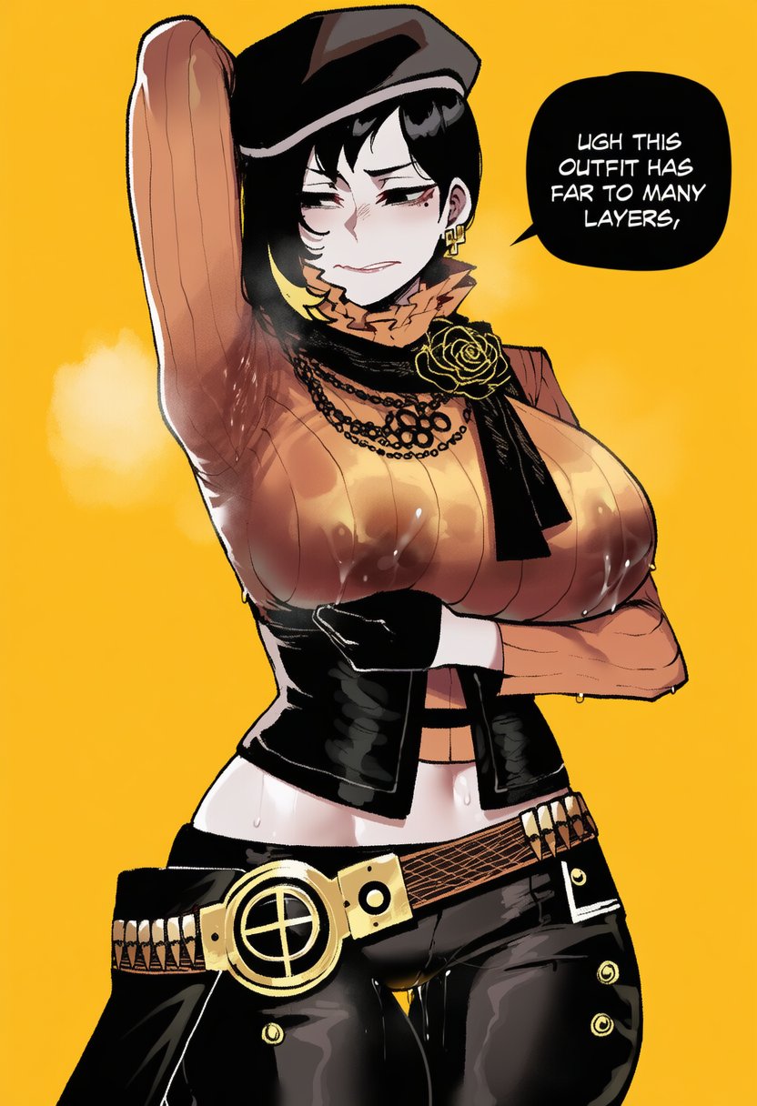 1girls, ai generated, armpit crease, armpit fetish, armpits, arms behind back, arms up, belly, belly button, big breasts, binah, breasts, coco adel, coco adel (cosplay), dialogue, female, female focus, female only, lactating, lactating through clothing, lactation, limbus company, lobotomy corporation, project moon, pussy juice, pussy juice drip, pussy juice drip through clothes, pussy juice leaking, rwby, sinclairgens, solo, solo female, solo focus, steam, steaming body, sweat, sweatdrop, sweating, sweaty, sweaty armpits, sweaty body, sweaty breasts, tagme, text, thick, thick hips, thick legs, thick thighs, thighs