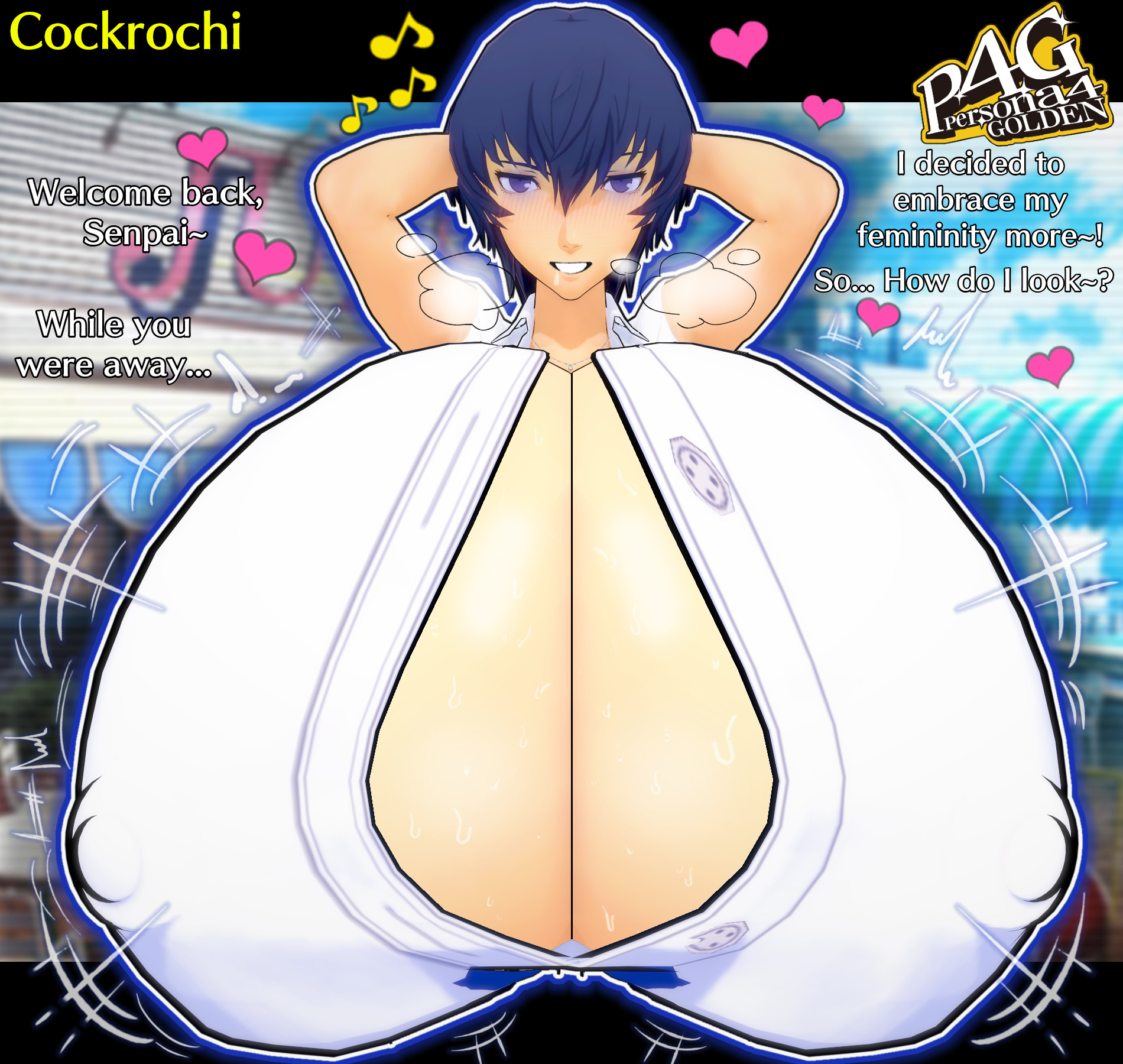 1girls, atlus, big breasts, big nipples, blue eyes, blue hair, blush, bouncing breasts, breath, breath cloud, cleavage, clothed, clothing, cockrochi, dialogue, enormous breasts, exposed breasts, eye contact, eyebrows raised, female, female focus, female only, flirting, flirty, hands behind head, heart, heart symbol, huge breasts, huge nipples, jiggle, jiggling breasts, light skin, light-skinned female, looking at viewer, massive breasts, movement lines, naoto shirogane, nipple bulge, nipples, nipples visible through clothing, partially clothed, persona, persona 4, puffy nipples, self upload, shirogane naoto, shirt, sloshing breasts, smile, sweat, sweatdrop, sweaty breasts, talking, talking to viewer, text, top heavy, topwear, unbuttoned, unbuttoned shirt