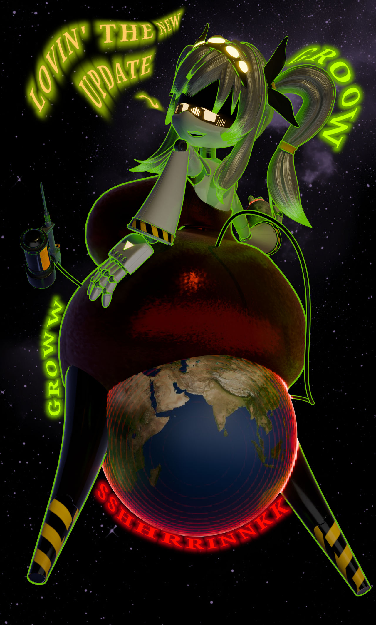 3d model, alternate version at source, ass, ass expansion, blush, expansion, female, female only, giantess, glitch productions, growth, hand on ass, j (murder drones), jjchefy, looking back, macro, murder drones, planetary macro, red dress, robot, robot girl, size theft