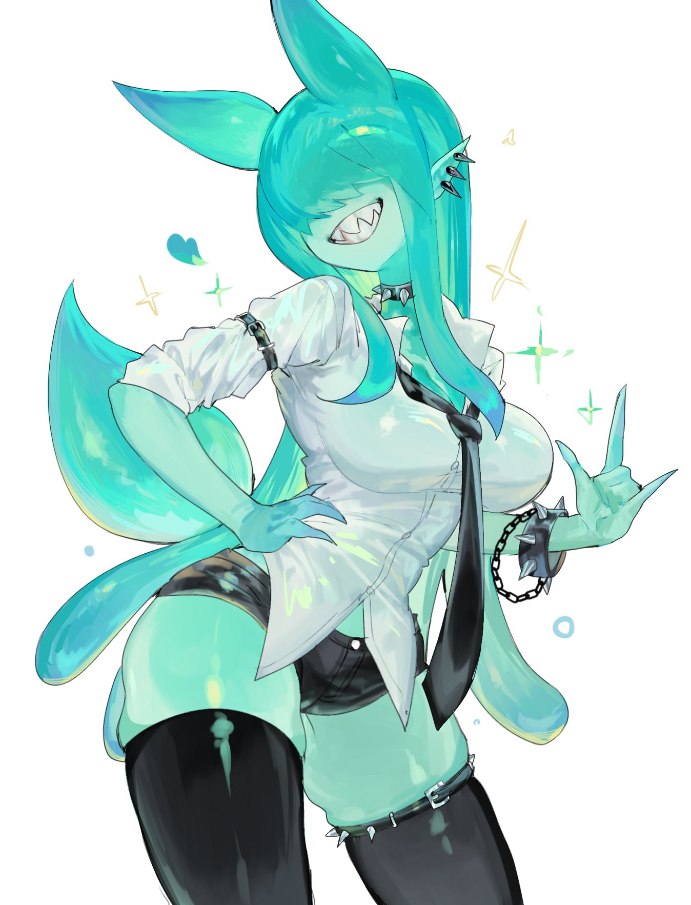 1girls, black thighhighs, clothing, ear piercing, female, female only, green body, green hair, grin, hair over eyes, hand on hip, hi res, humanoid, long hair, necktie, original, original character, pointy ears, sharp teeth, shirt, short shorts, shorts, simple background, sleeves rolled up, smiling, solo, sparkles, spiked bracelet, spiked collar, thigh squish, thighhighs, toge77789, togetoge, white background