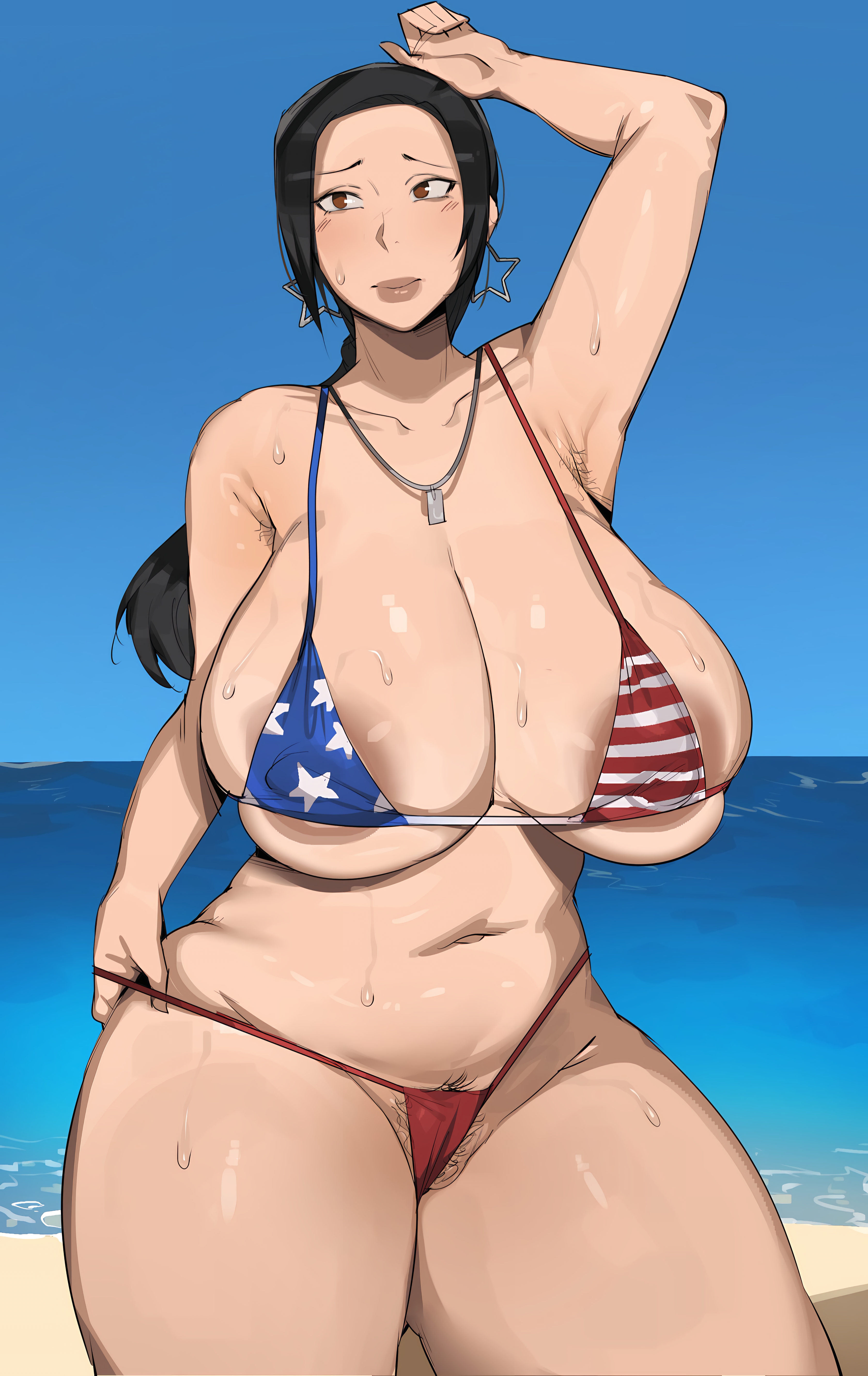 1girls, american flag bikini, aunt hina, beach, big breasts, black hair, bobtheneet, busty, curvaceous, curvy, curvy body, curvy female, curvy figure, day, female, female only, hi res, highres, hina (bobtheneet), huge breasts, large breasts, long hair, looking at viewer, mature, mature female, mature woman, outdoors, solo, solo female, sweat, teasing, thick thighs, voluptuous, voluptuous female