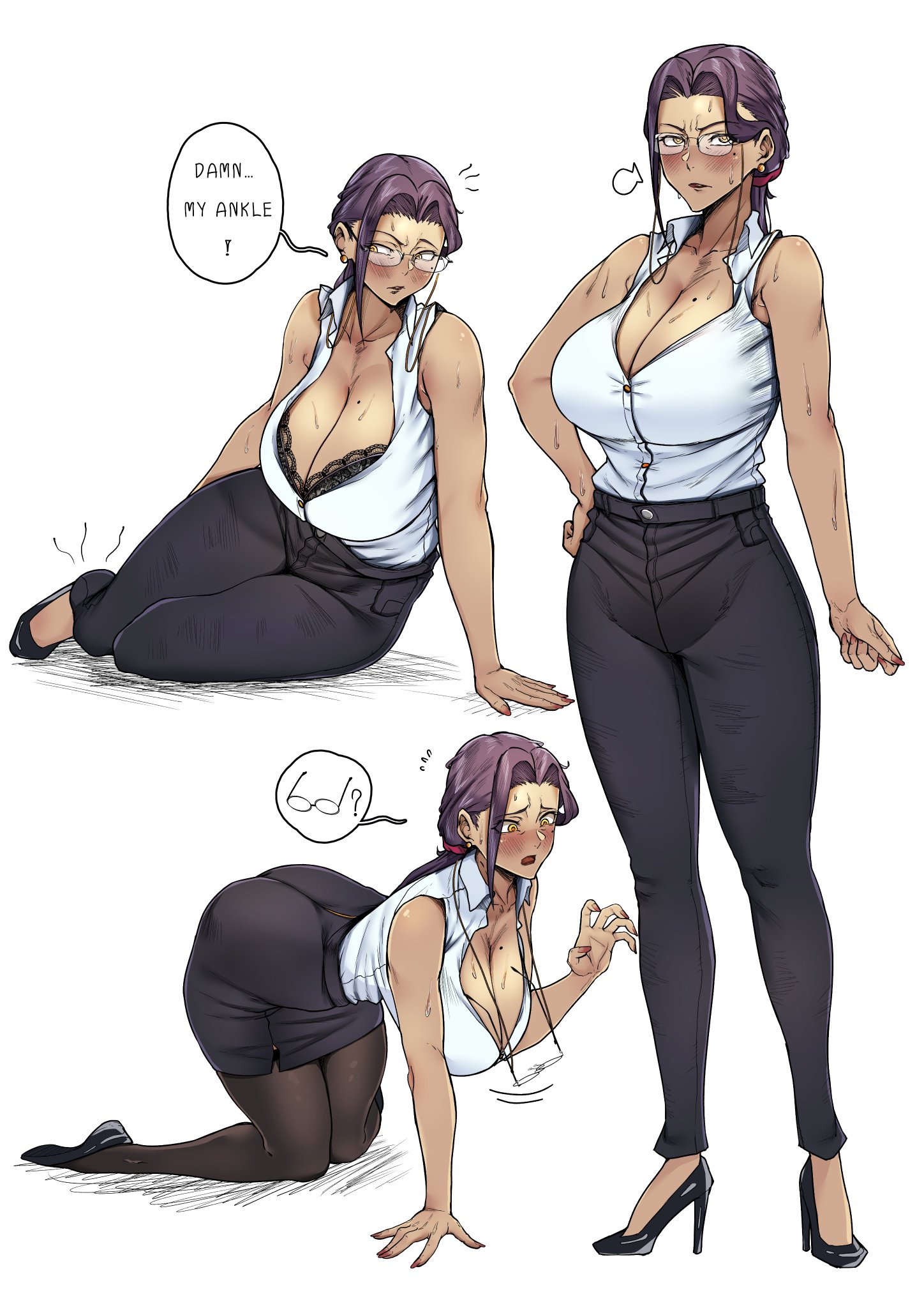 1girls, angry, beauty mark, beauty mark on breasts, big breasts, cleavage, clumsy, fai (ringo), fallen down, fell down, female, female only, glasses, high heels, high-waist pants, milf, office clothing, on all fours, on knees, ringo, ringo6678, sweat, teacher, teacher female, thick thighs