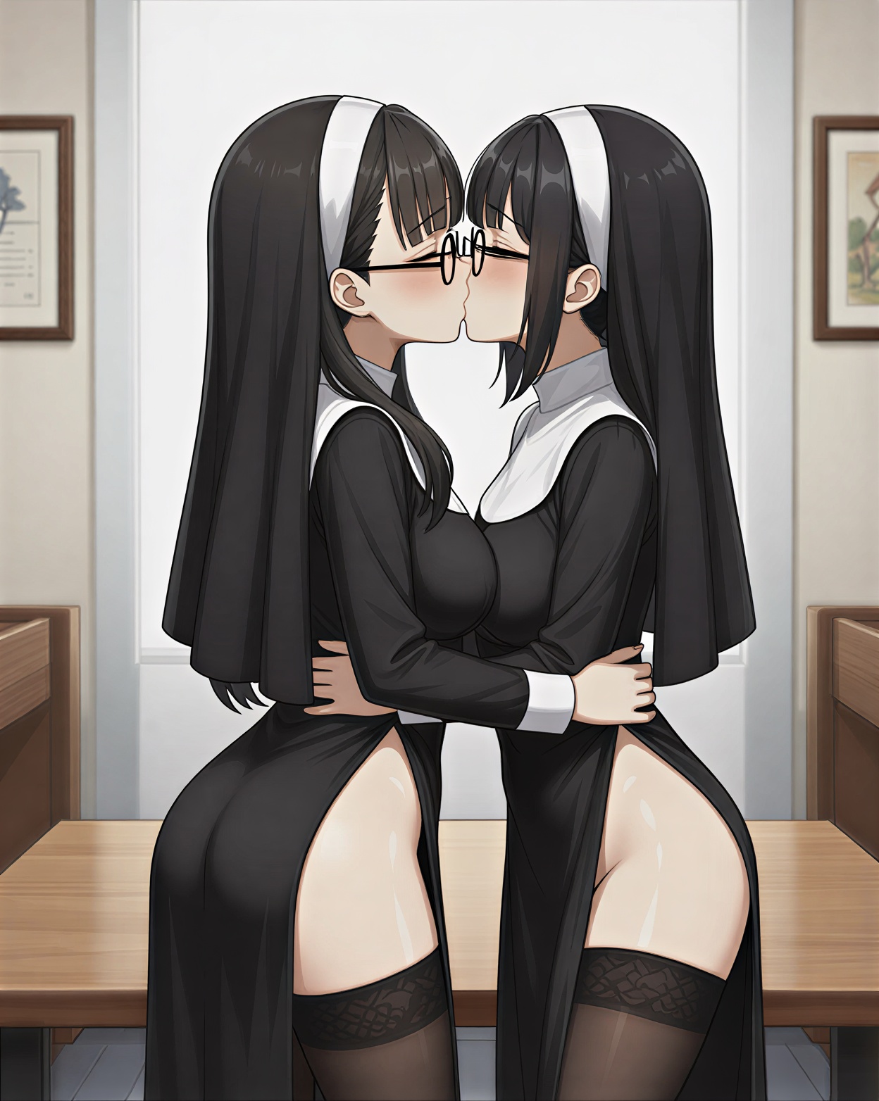 2girls, ai generated, ass, bangs, big breasts, black hair, black stockings, blush, breasts, closed eyes, curtains, female, glasses, hairclip, high school dxd, hugging, hugging another, hugging partner, hugs, indoors, kissing, large breasts, lesbian couple, lesbian kiss, long hair, notreallyhere, nun, nun habit, nun hat, nun outfit, nun's habit, parted bangs, remake, remastered, shinra tsubaki, short hair, shy, sona sitri, standing, stockings, yuri