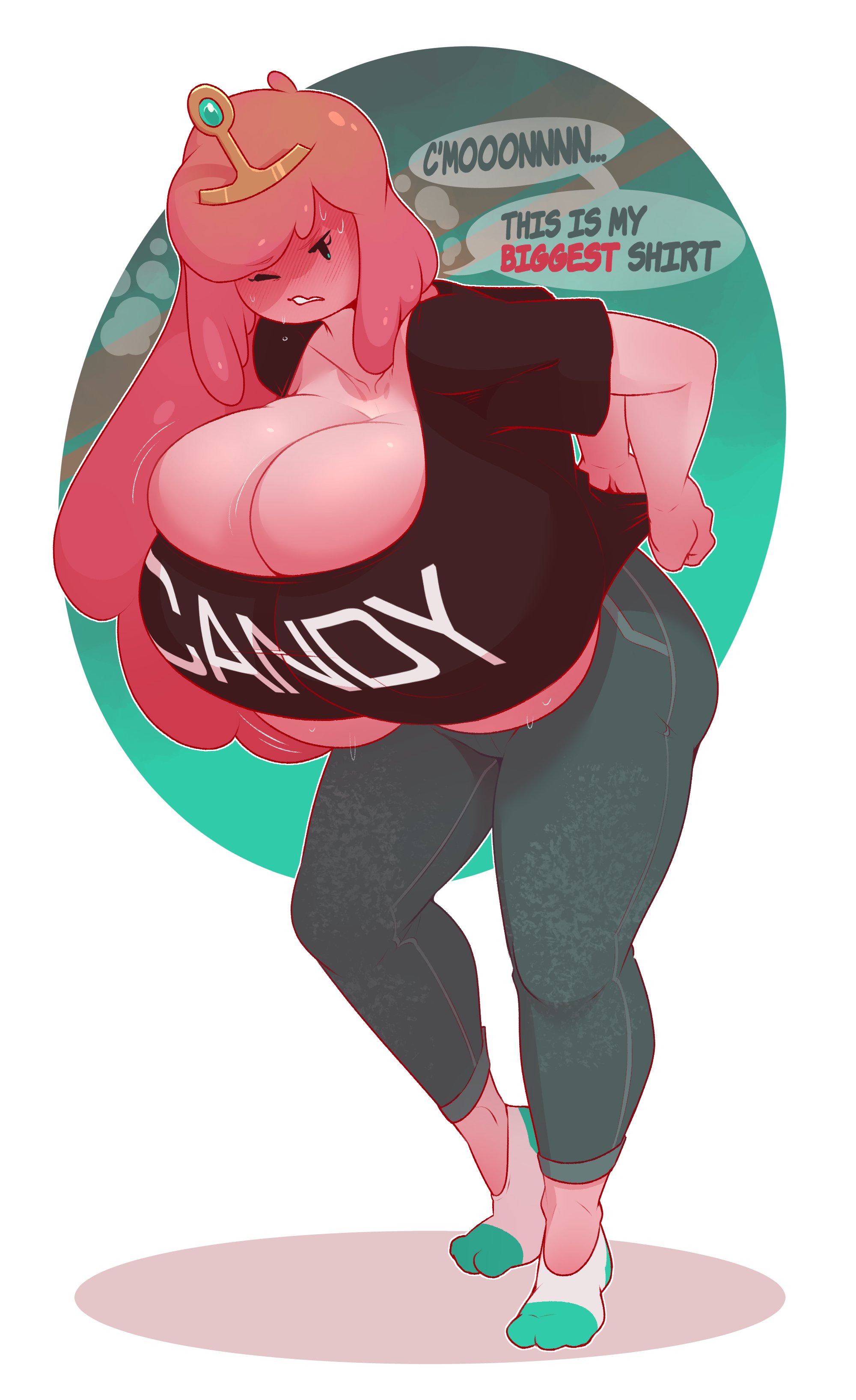 1girls, adventure time, big breasts, blush, breasts, busty, cleavage, clothed, clothing, curvy, dabble, deep skin, dialogue, english text, feet, female, female only, gigantic breasts, hourglass figure, huge breasts, inconvenient breasts, jeans, pants, princess bubblegum, shirt, simple background, socks, struggling, struggling to fit, sweat, sweatdrop, sweating, t-shirt, text, thick thighs, tight clothing, venus body, voluptuous, white background, wide hips