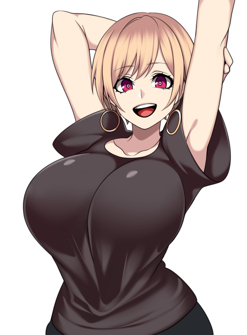 1girls armpits big_breasts black_shirt blonde_hair camui_kamui_(hz_666v) earrings female female_only happy hoop_earrings huge_breasts large_breasts light-skinned_female light_skin looking_at_viewer magenta_eyes mommy_kink one_arm_up open_mouth original short_hair smile solo tight tight_clothing tight_fit tongue very_short_hair