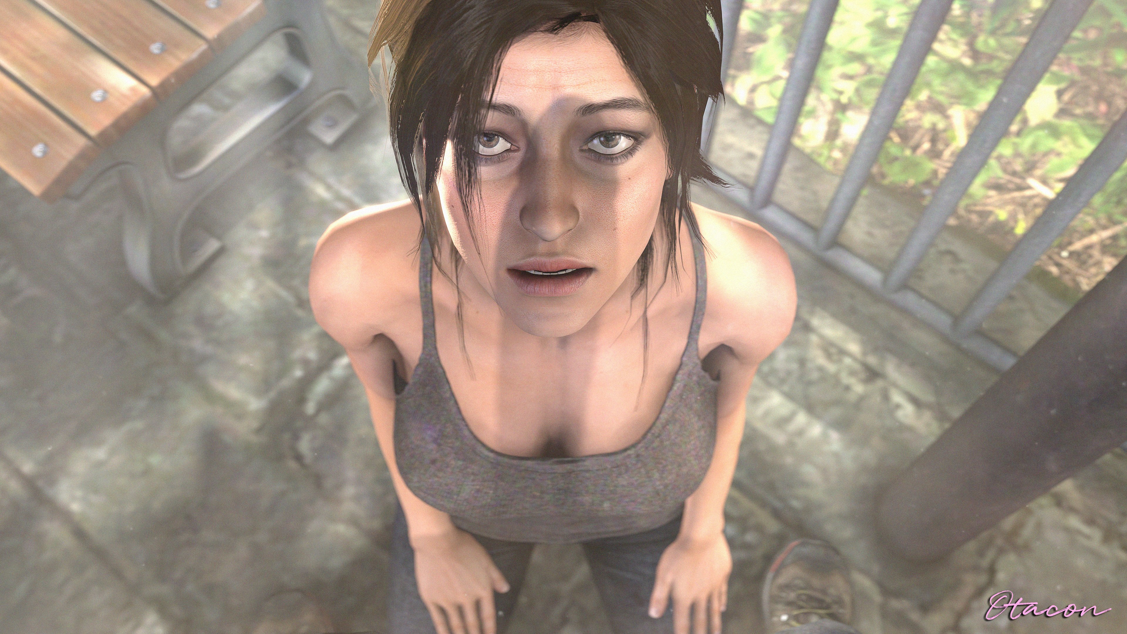 1boy, 1girls, 3d, brown eyes, brown hair, clothed, clothed female, female, lara croft, light skin, light-skinned female, looking up, male, open mouth, otacon212, penis, penis awe, penis shadow, shadow, solo, tomb raider, worried